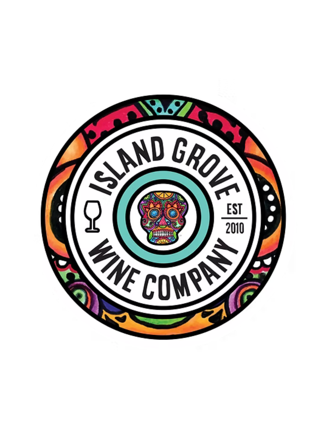 Colorful wine company logo with a sugar skull, surrounded by vibrant decorative patterns, contains text 'Isle of the Grove Wine Company' and 'EST 2010'.