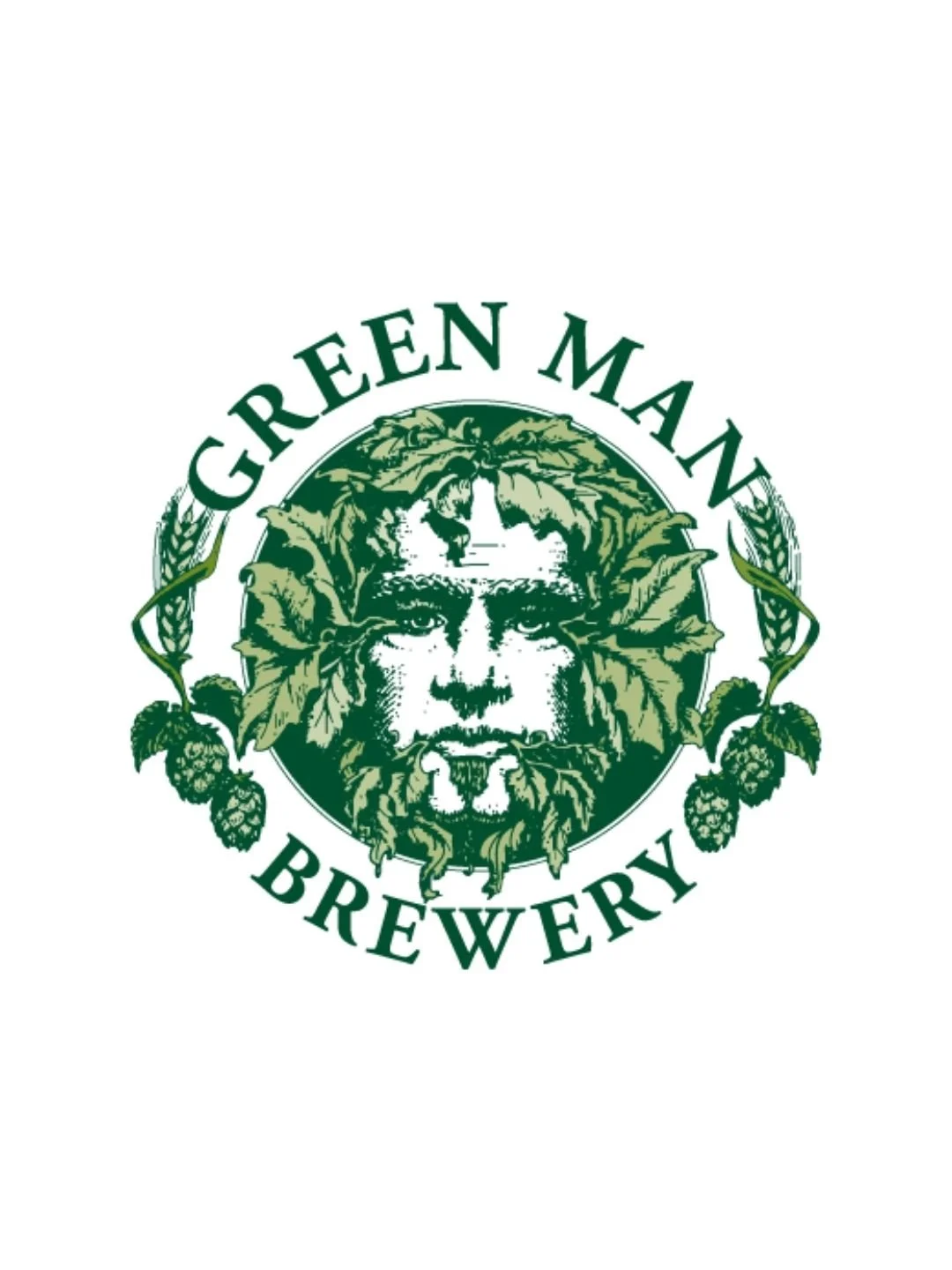 Green Man Brewery logo featuring a stylized face of a man surrounded by hop cones and leaves, with the text 'Green Man Brewery' in a circular arrangement.