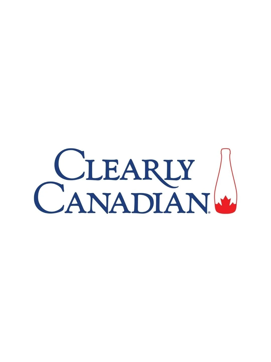 Logo with the text "Clearly Canadian" in blue and a stylized bottle with a red maple leaf design on it.