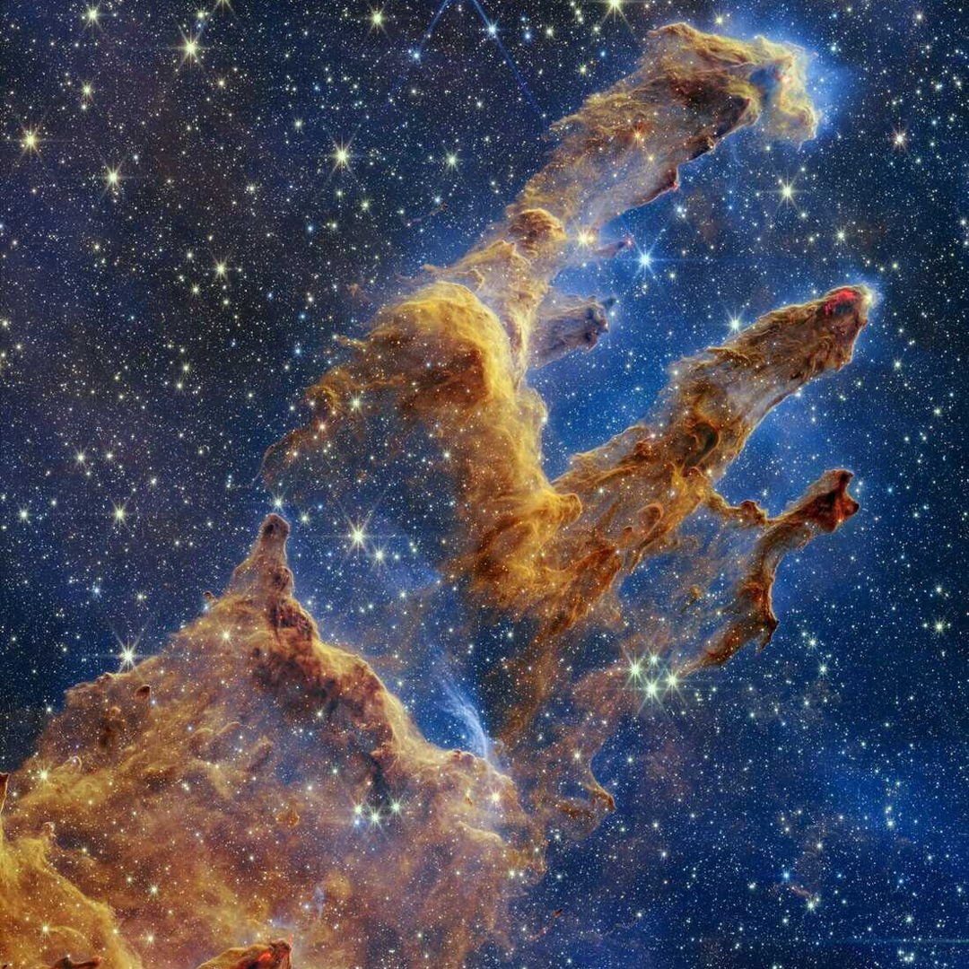 Cosmic pillars rise
sculpted by stellar winds' breath&mdash;
birth of stars unveiled

#JWST #NASA #PillarsofCreation #Poem