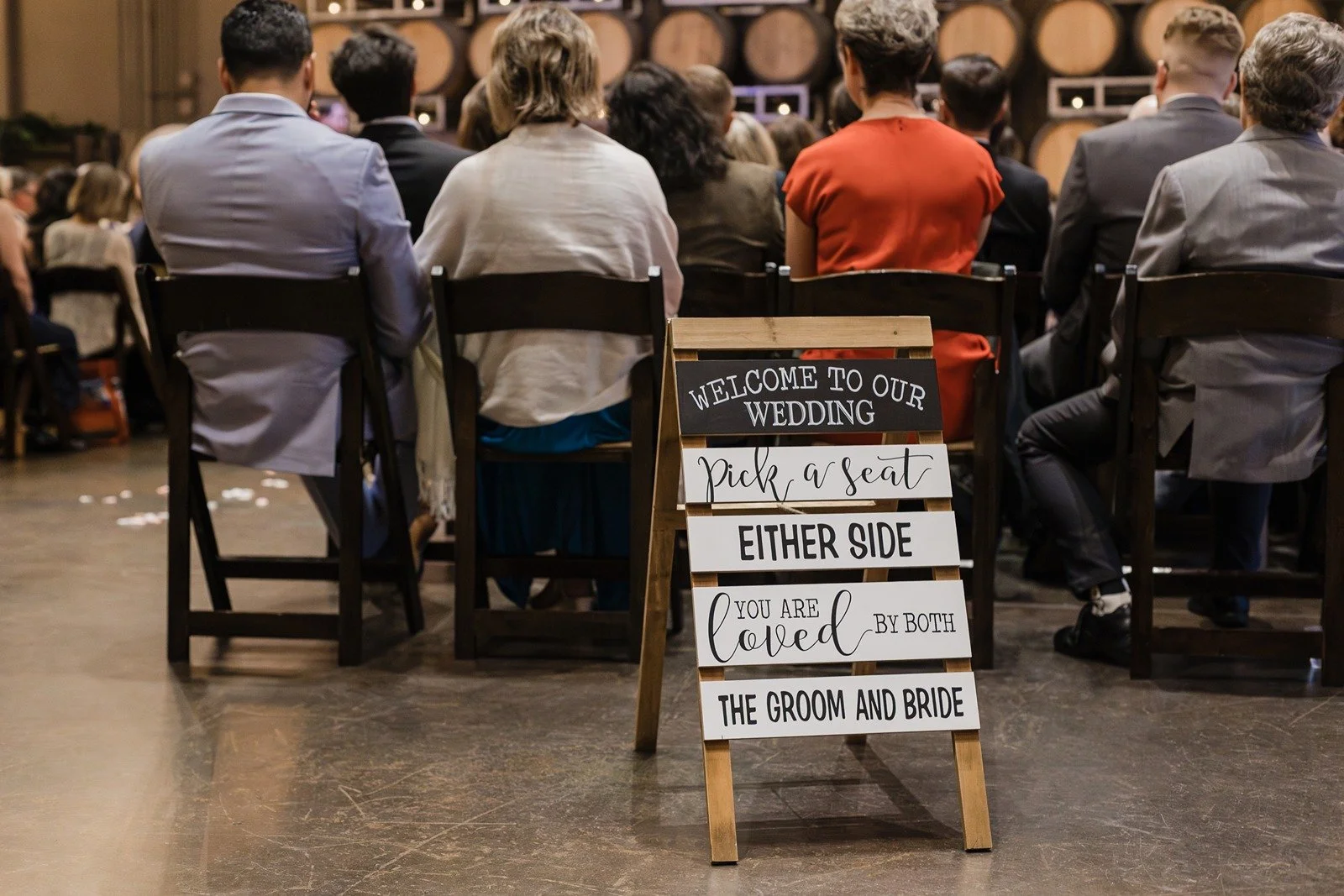 Wedding sign at ceremony at Domenico Winery in San Carlos.