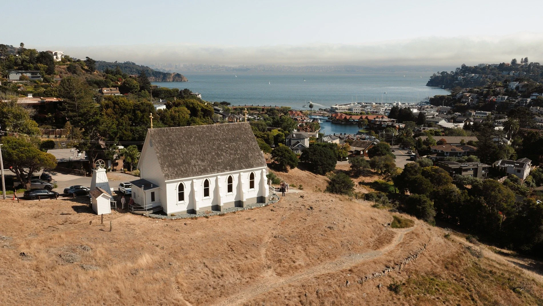 Drone photo of St. Hilary's Church in Tiburon California.