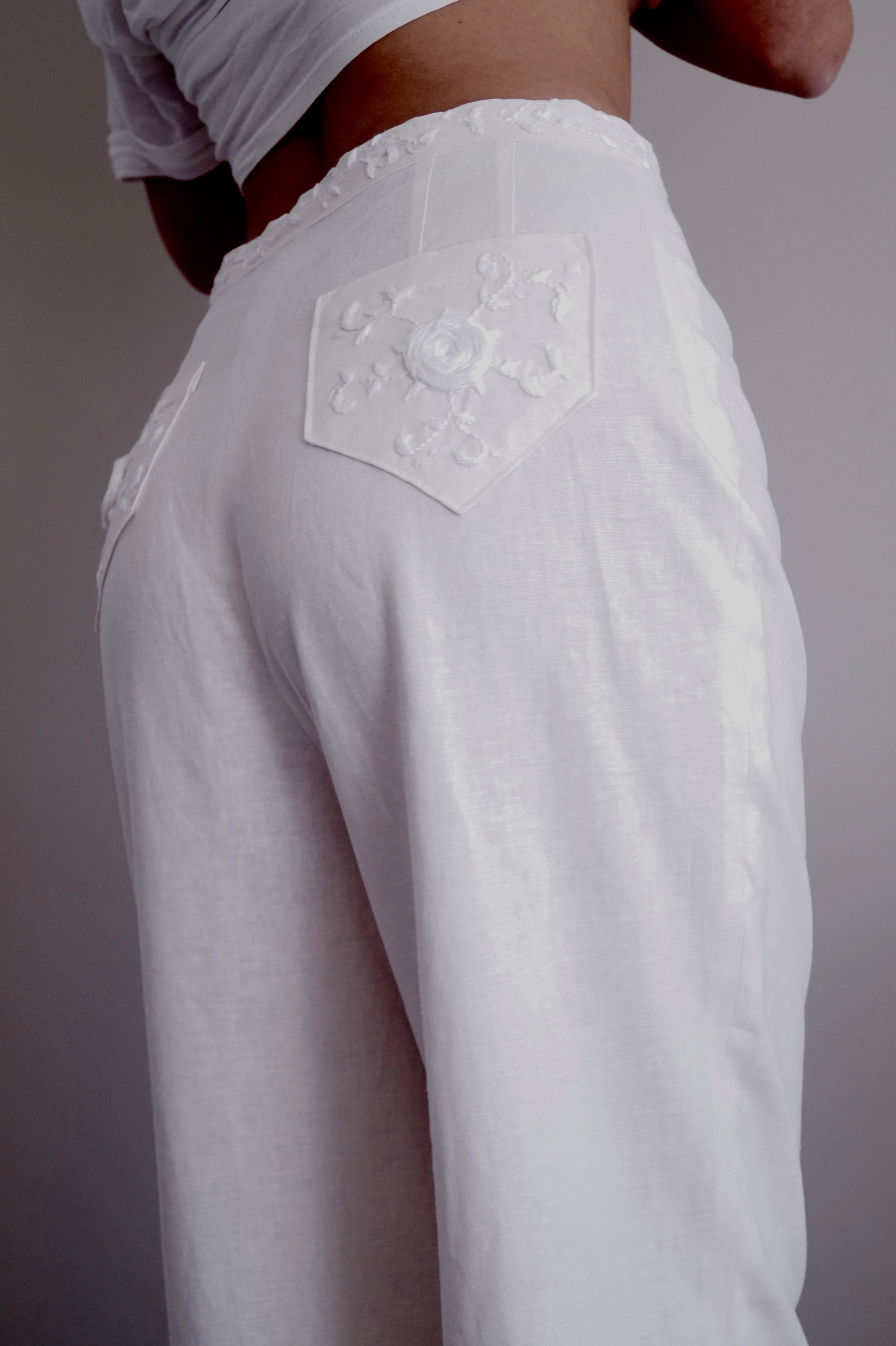 Whitework embroidery on modern 1800s pantalette, NCSU 2018.