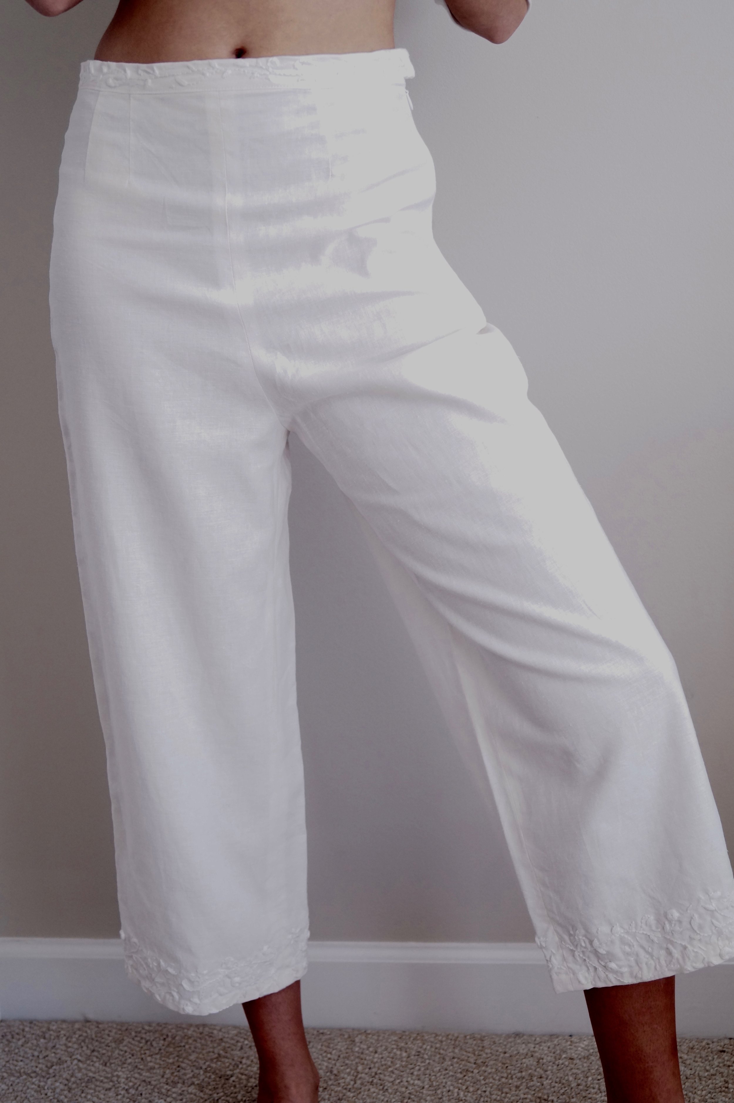 Whitework embroidery on modern 1800s pantalette, NCSU 2018.