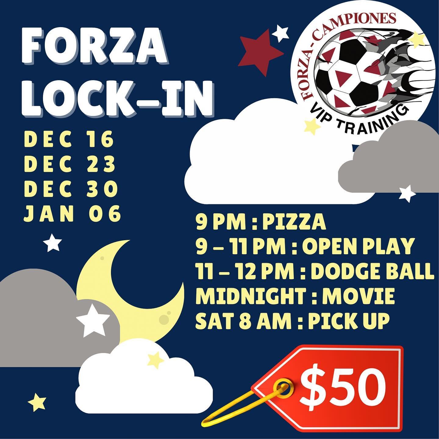 Great news Forza Family, 

Forza Lock-ins are back!!! 

The 4 lock-ins will be held throughout the winter break. Please be aware that the spots are limited, so reserve yours today.

If would like to book your spot, you can contact us via direct messa