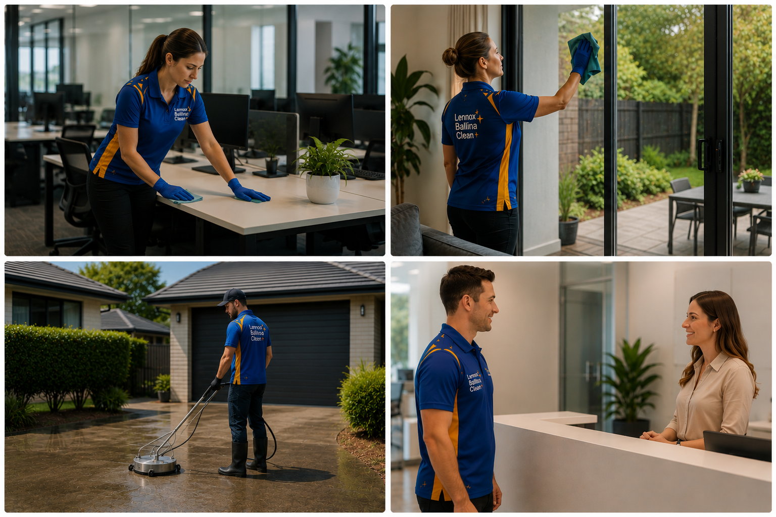 service photos of pressure cleaning, office cleaning, and window cleaning