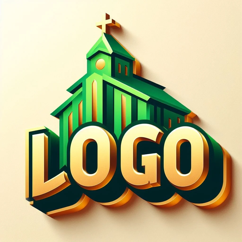 A logo featuring a stylized green church with a cross on top and the word "LOGO" in large, three-dimensional gold letters.
