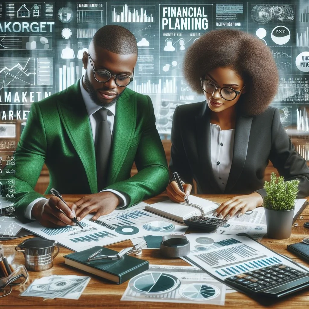 Two business professionals, a man and a woman, working on financial planning and analysis at a cluttered desk with charts, graphs, and financial documents, with digital finance-related graphics in the background.