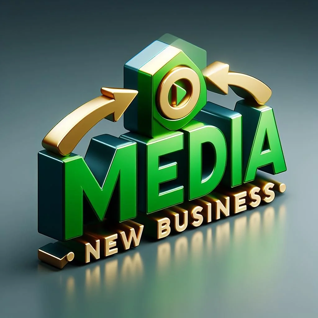 3D graphic with the words 'Media' in green, 'New Business' in gold, a play button icon, and arrows indicating growth or progress, symbolizing media and new business venture
