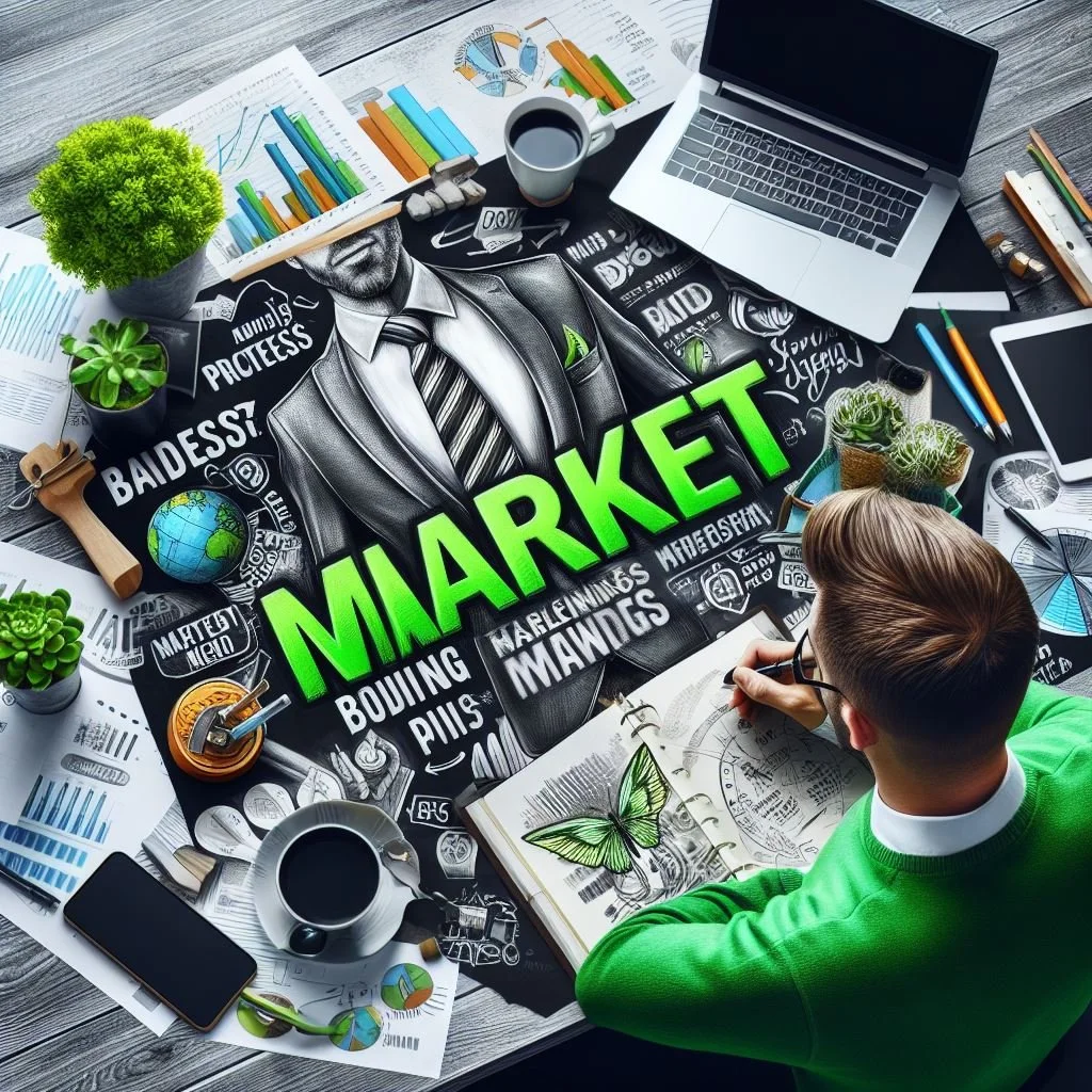 Desk workspace with a focus on the word 'MARKET' in large green letters on a chalkboard featuring a business illustrated man, surrounded by graphs, charts, plants, a laptop, tablet, coffee, and a person sketching a butterfly in a notebook.