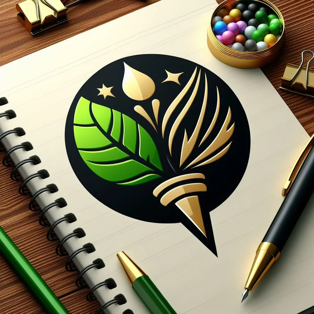 A notebook with a logo of a torch with a leaf, a droplet, and stars, surrounded by a pencil, a green pen, and gold clips on a wooden desk.