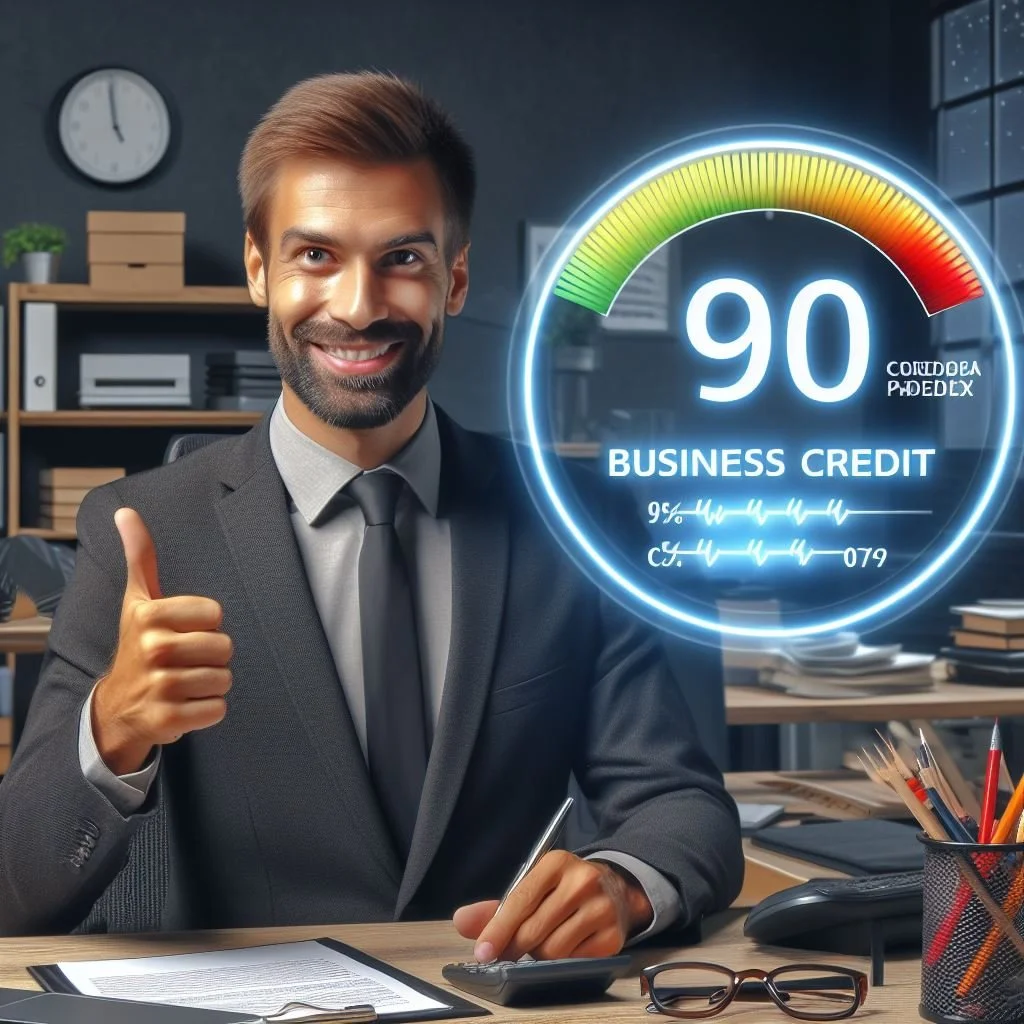 A smiling man in a business suit sitting at an office desk giving a thumbs up, with a holographic digital display showing a high business credit score of 90.