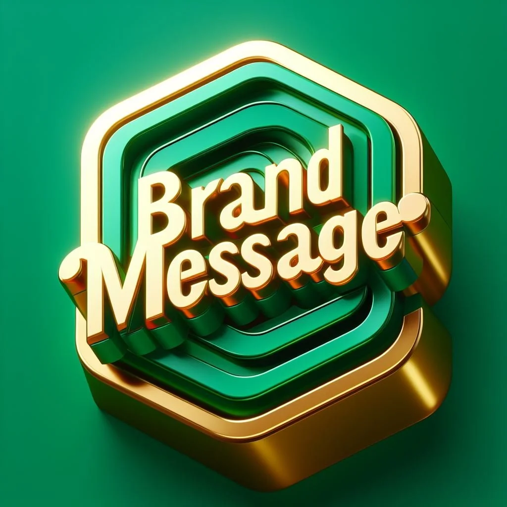 3D neon sign that says 'Brand Message' with gold, green, and white colors, set against a green background.
