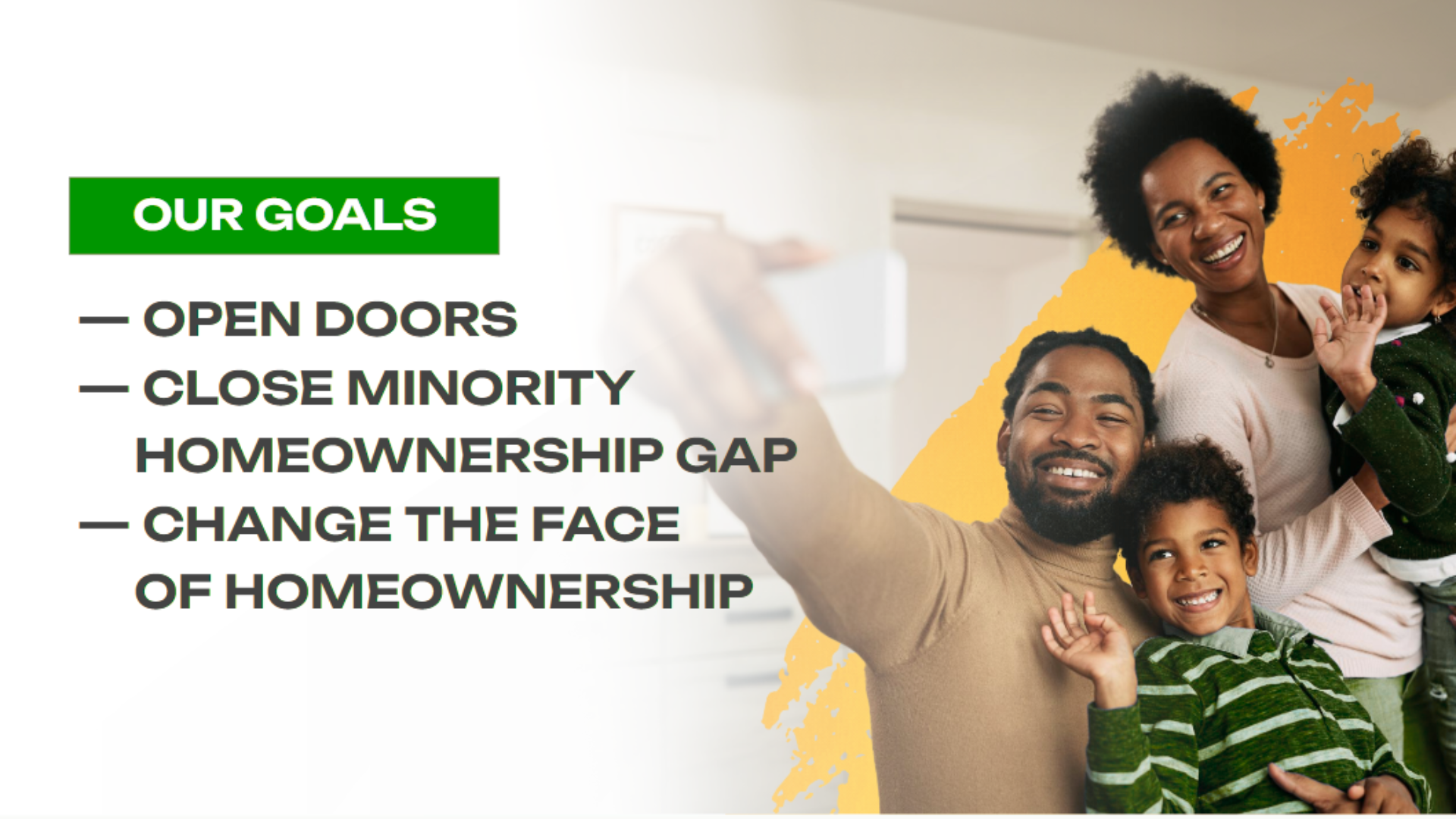 A smiling family of four posing for a selfie, including an African American woman, a man, and two children. The background includes a yellow paint splash and a white wall.