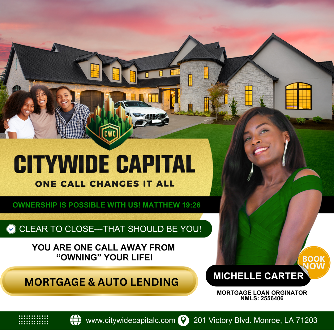 An advertisement for Citywide Capital featuring a large house, a smiling woman in a green dress, a group of three happy young people, and a logo with a city skyline. It promotes mortgage and auto lending, with contact details and a call to action.