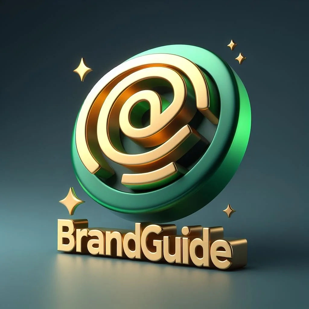 A 3D gold and green icon resembling an email or at symbol, with the words "BrandGuide" in gold underneath, surrounded by small star-like decorations.