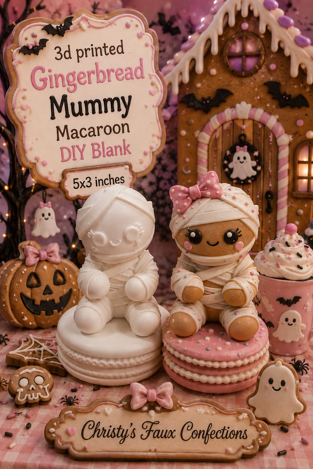 🎃🤎3D Printed Gingerbread Mummy Macaroon DIY Blank 🤎🎃