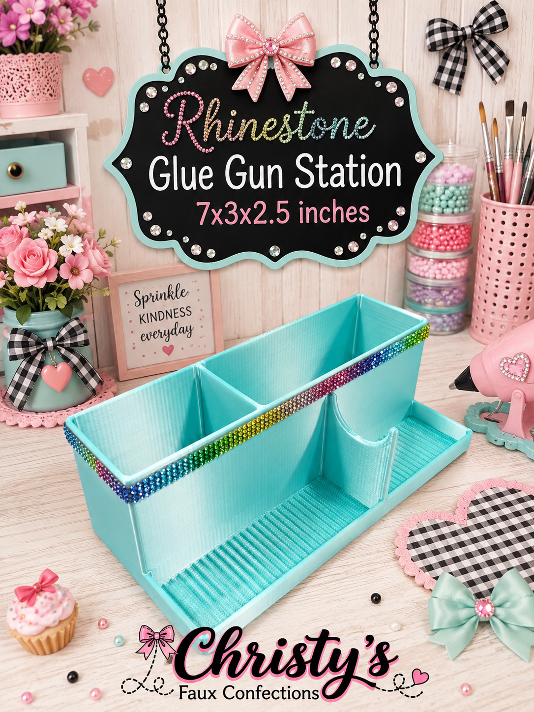 🩵Turquoise & Rhinestone 3D Printed Glue Gun Station🩵