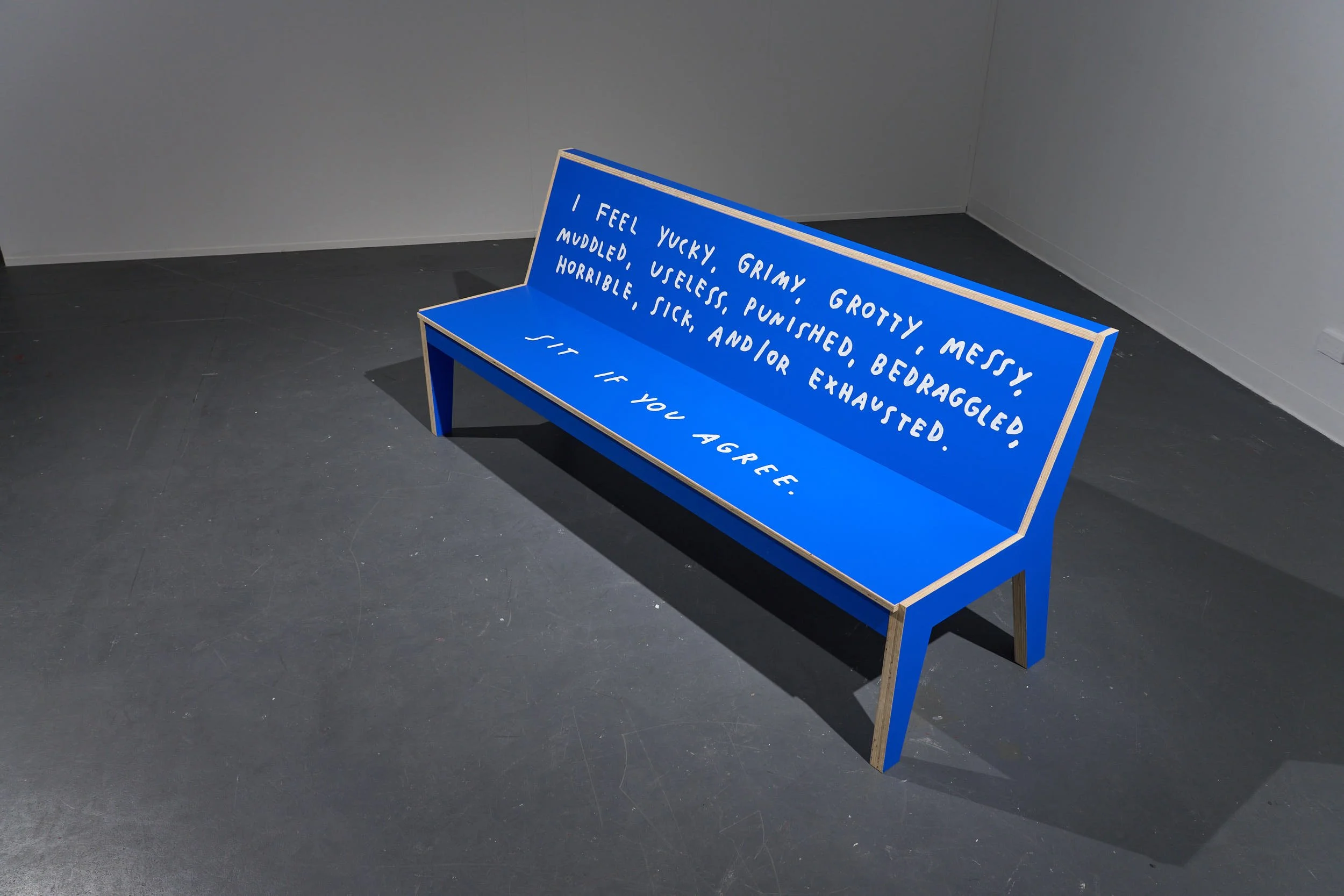 An angled view of a blue bench with text written on the back of the seat that says, “I feel yucky, grimy, grotty, messy, muddled, useless, punished, bedraggled, horrible, sick, and/or exhausted.”