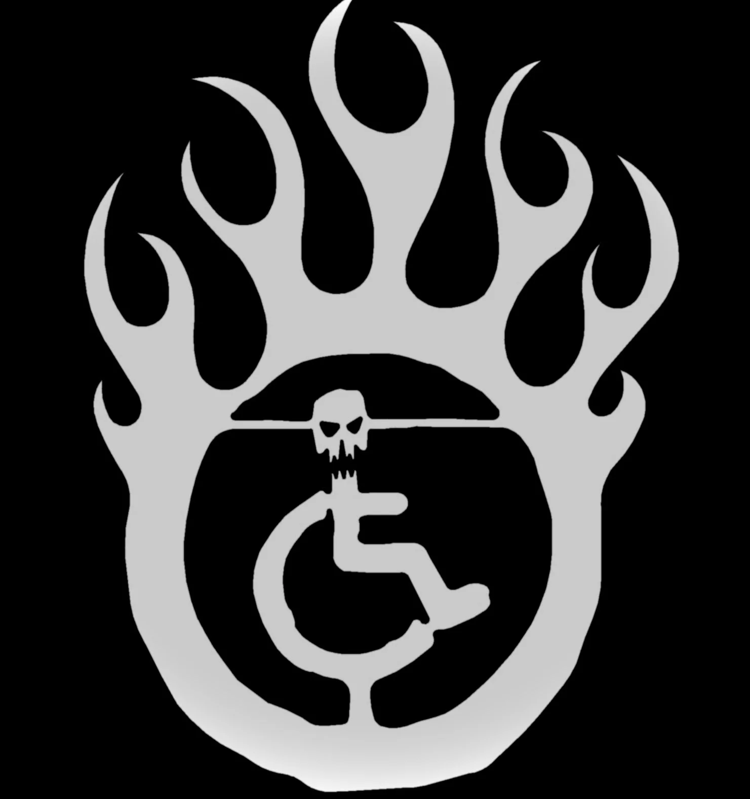 The wheelchair symbol, but in this hand drawn version the wheelchair is on fire and the head is an angry skull looking directly at the viewer.