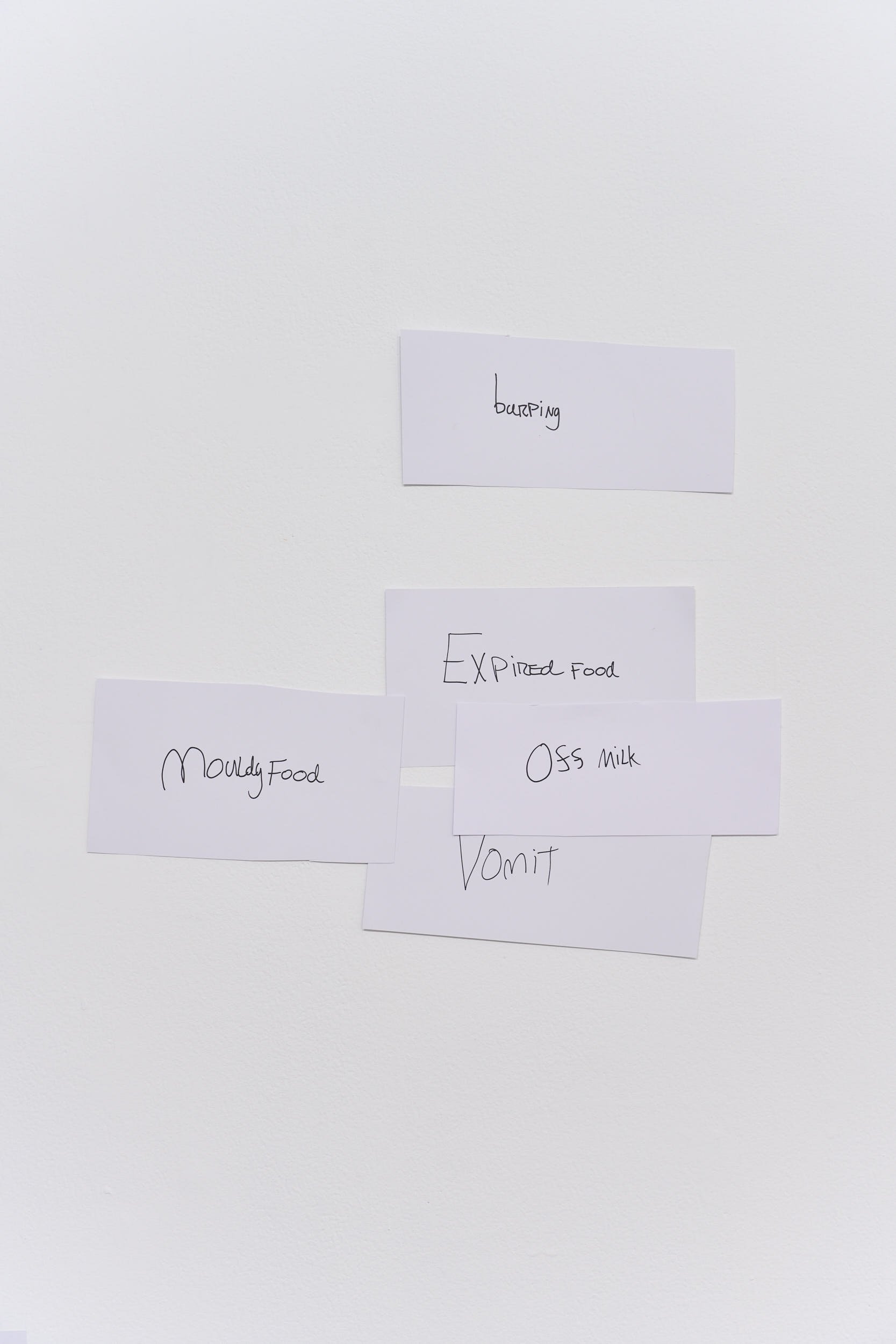 “BURPING,” “EXPIRED FOOD,” “OFF MILK,” “Mouldy Food,” “Vomit,”
