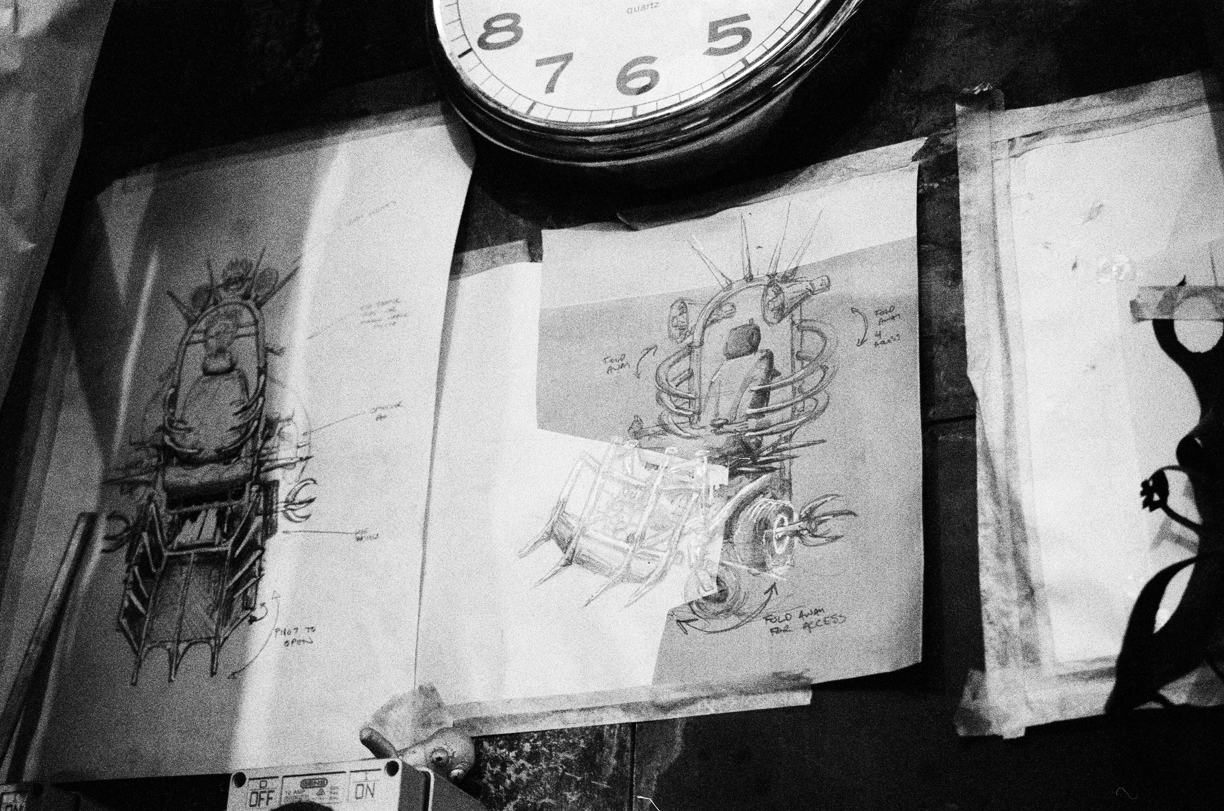 Jason’s pencil sketches used to plan the make of the apocalyptic wheelchair