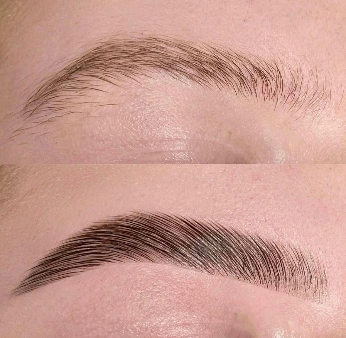 Close-up comparison of a person's eyebrows before and after eyebrow grooming and shaping, showing the removal of stray hairs and enhanced, well-defined arch.