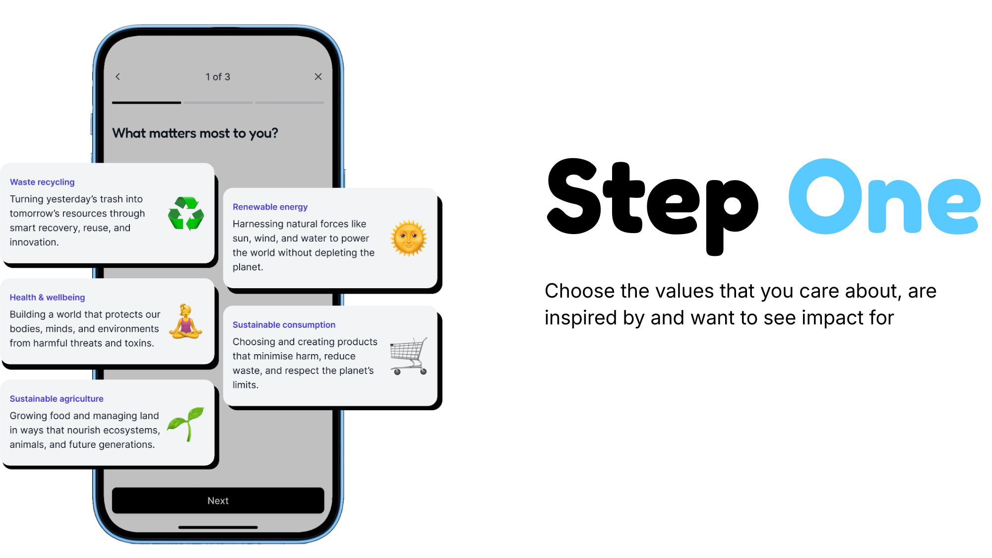 inaam app on phone showcasing clean energy, fast fashion and health themes 