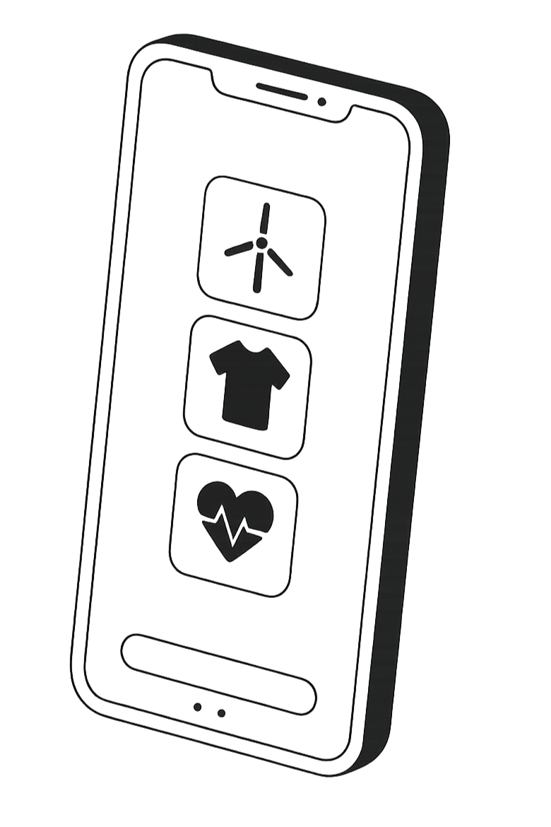 inaam app on phone showcasing clean energy, fast fashion and health themes