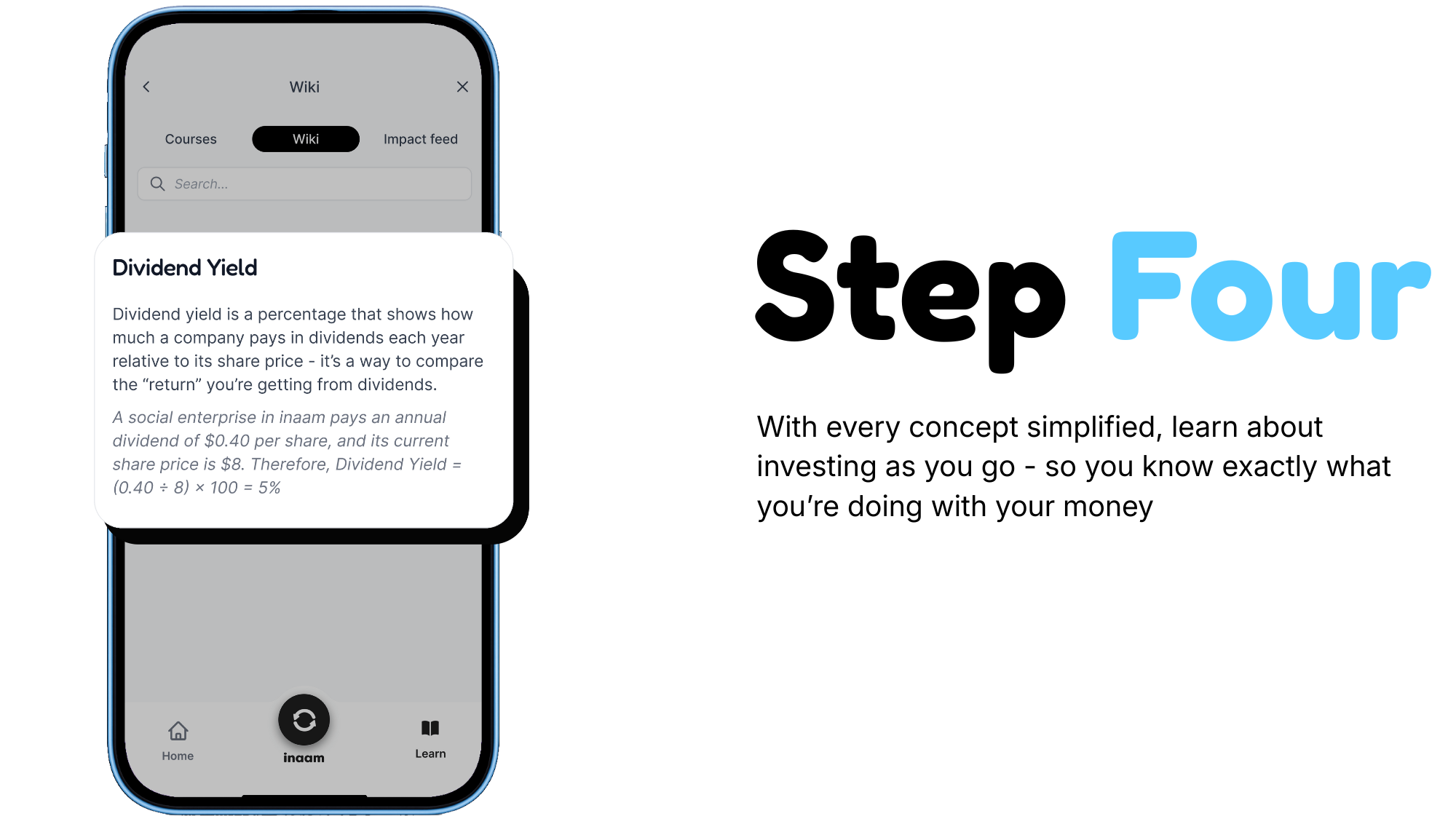 inaam app on phone explaining what a dividend yield is
