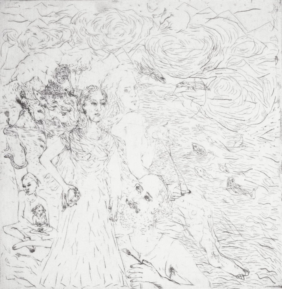 Reverberations. Etching soft ground and dry point.  9.5”x 9.5”. 1987