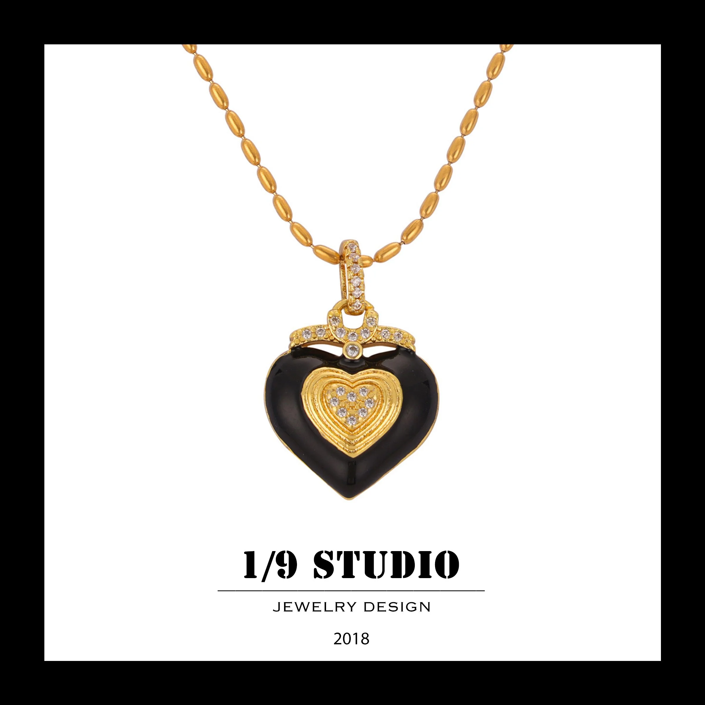 Black Enamel Heart Layered Pendant 18K Gold Filled Stainless Steel Adjustable Necklace