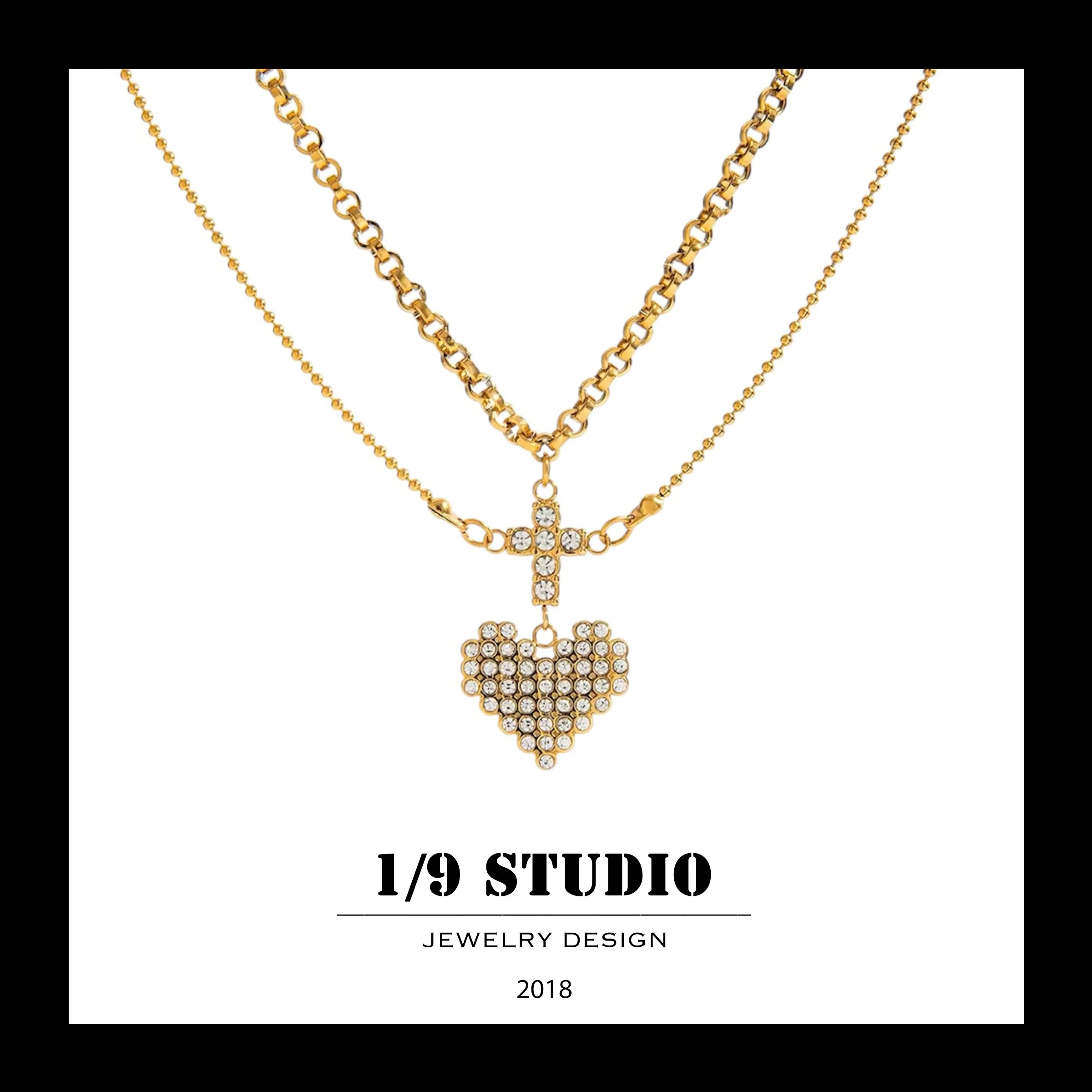 Crystal Cross & Heart Duo 18K Gold Filled Stainless Steel Adjustable Necklace