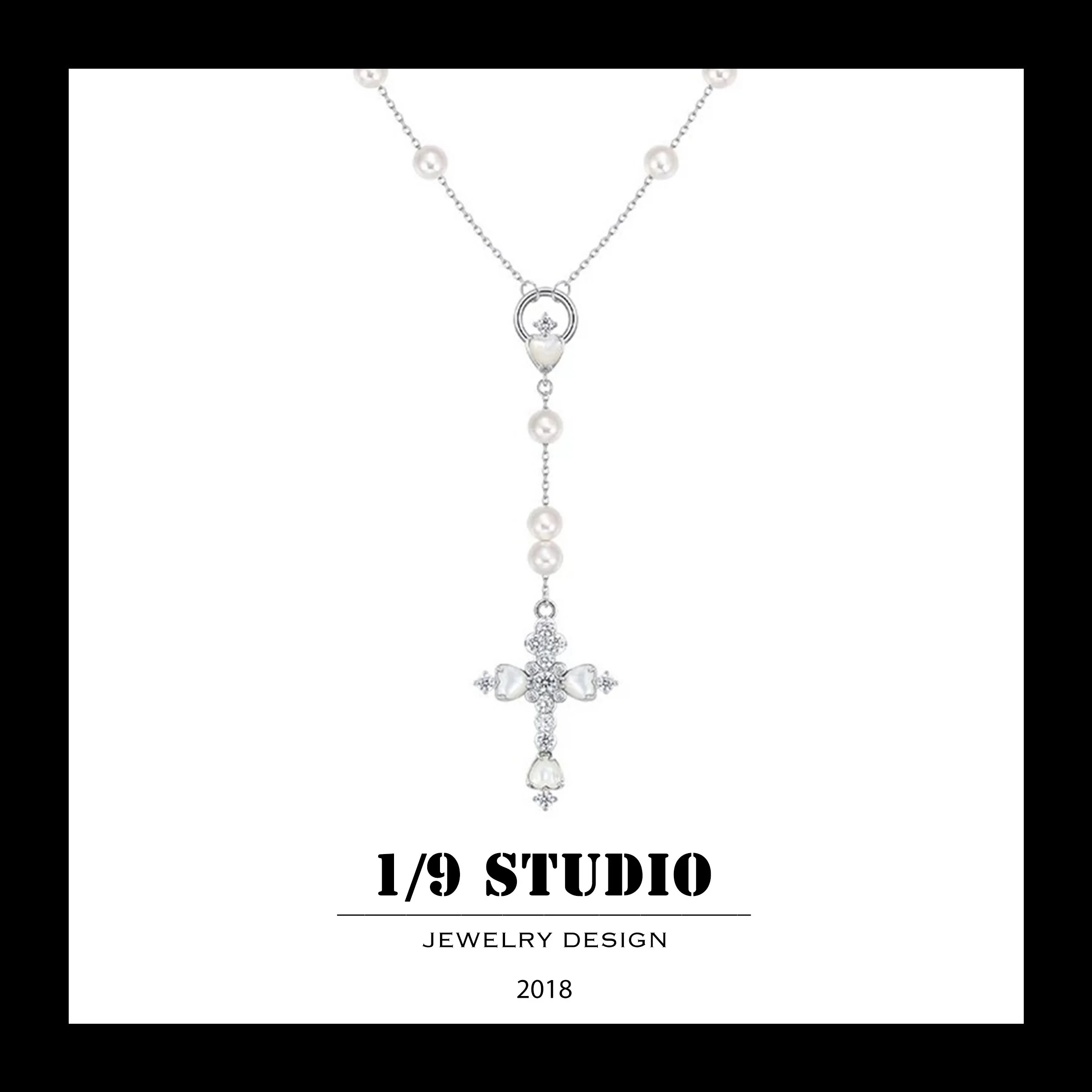 Celestial Pearl Heart Cross 18K White Gold Filled Brass Silver Adjustable Necklace
