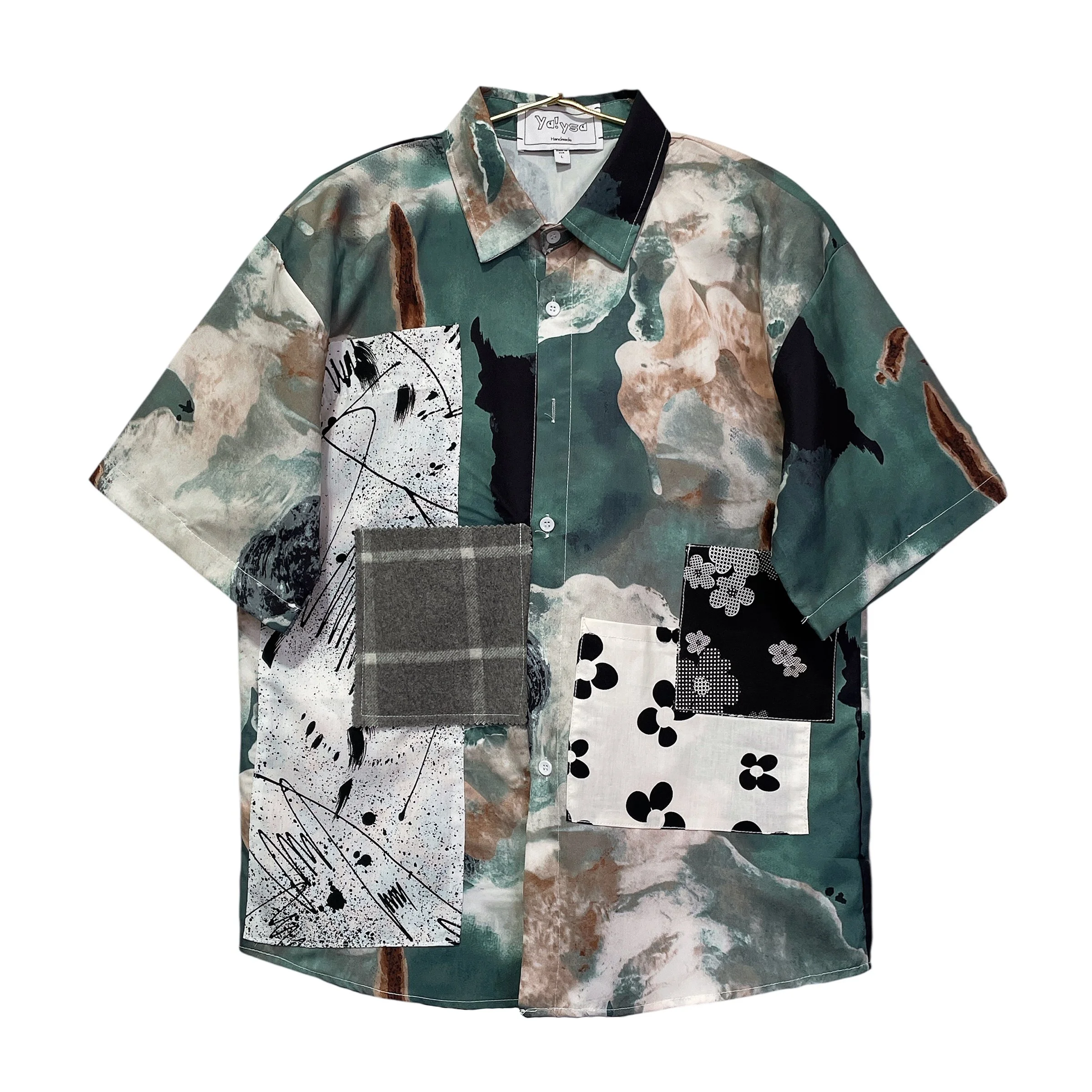 Handmade Short Sleeves Green Shirt