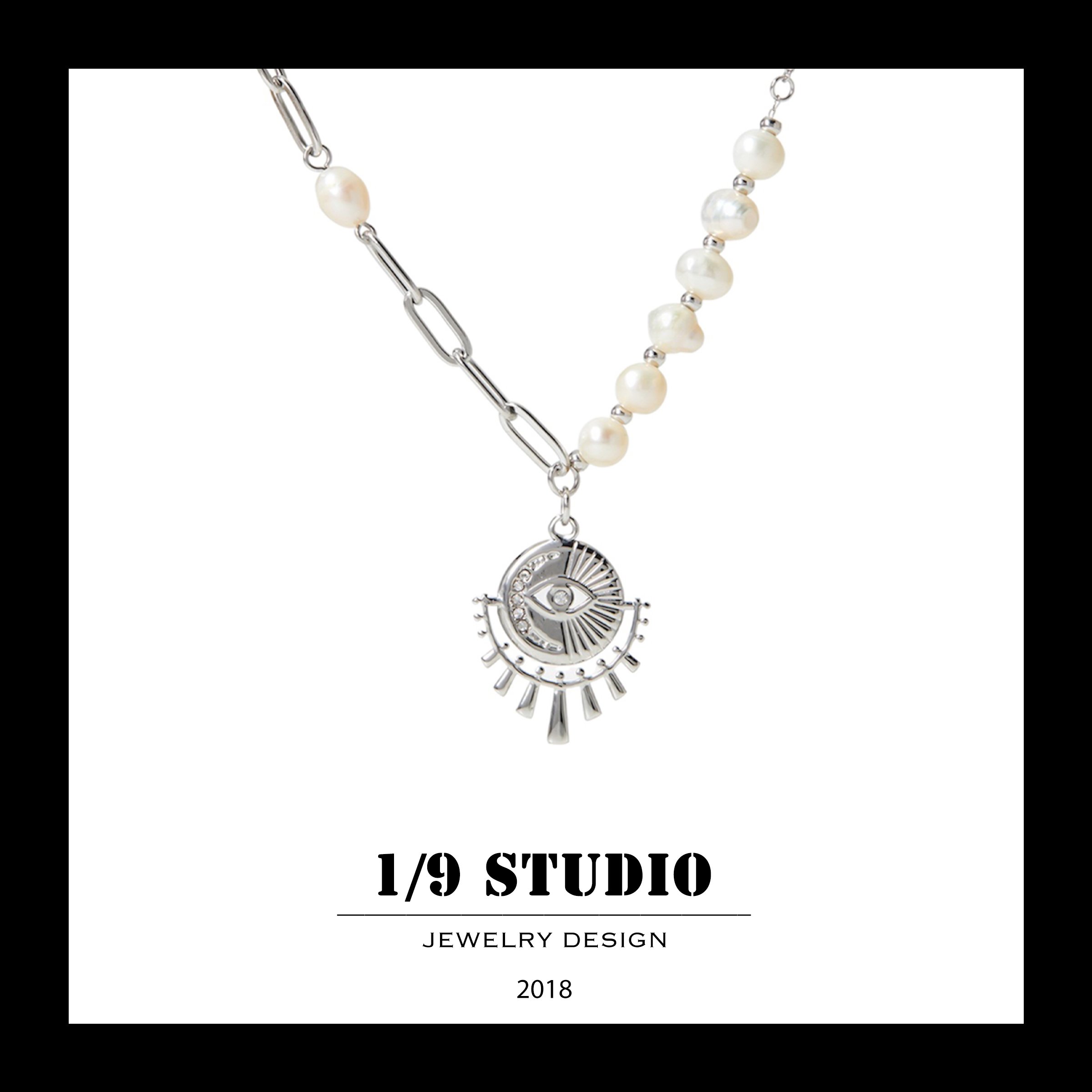 Asymmetric Pearl & Silver Mystic Eye Stainless Steel Adjustable Necklace
