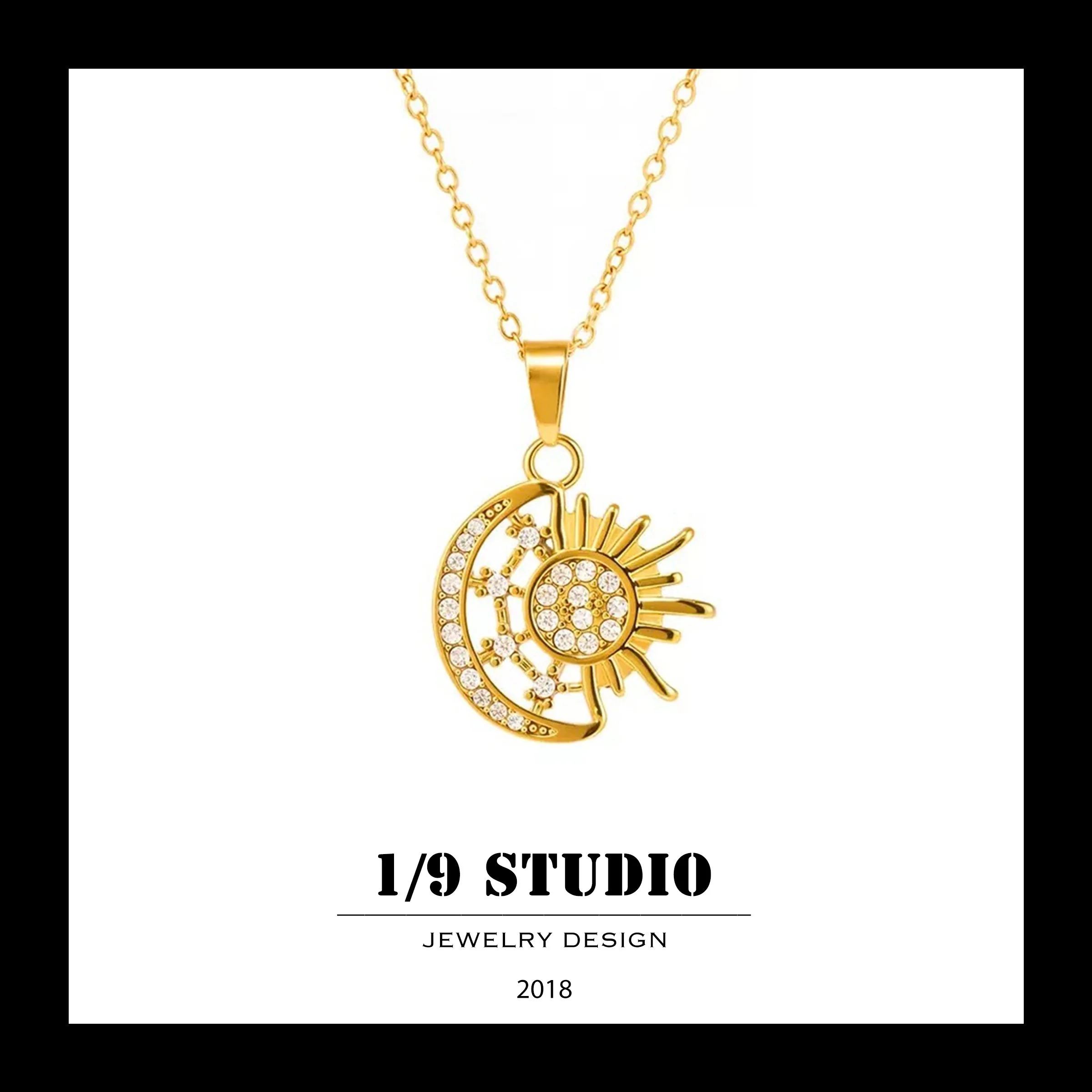 Sun & Moon Radiant Charm 18K Gold Filled Stainless Steel Adjustable Necklace