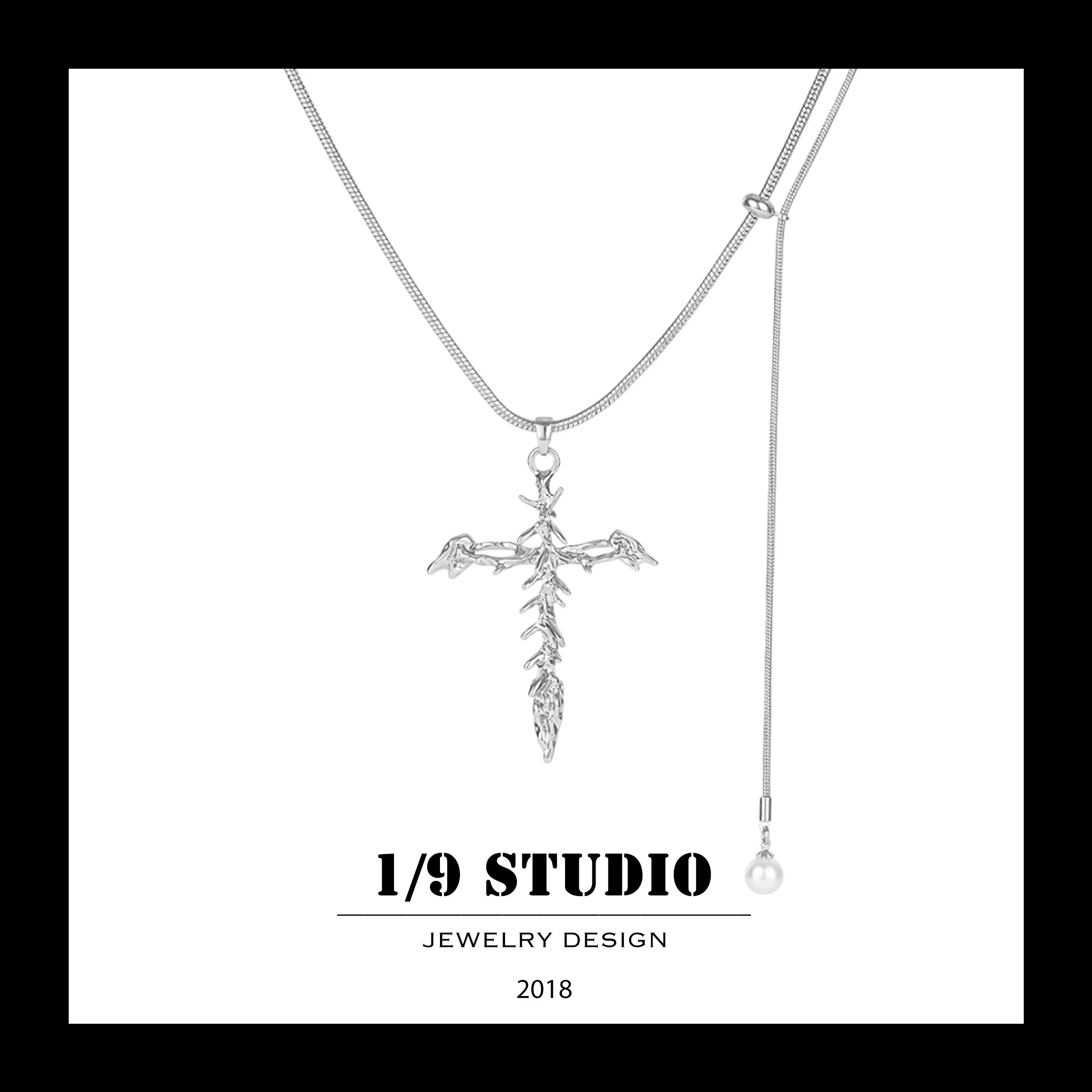 Silver Thorn Cross with Pearl Drop Silver Adjustable Necklace