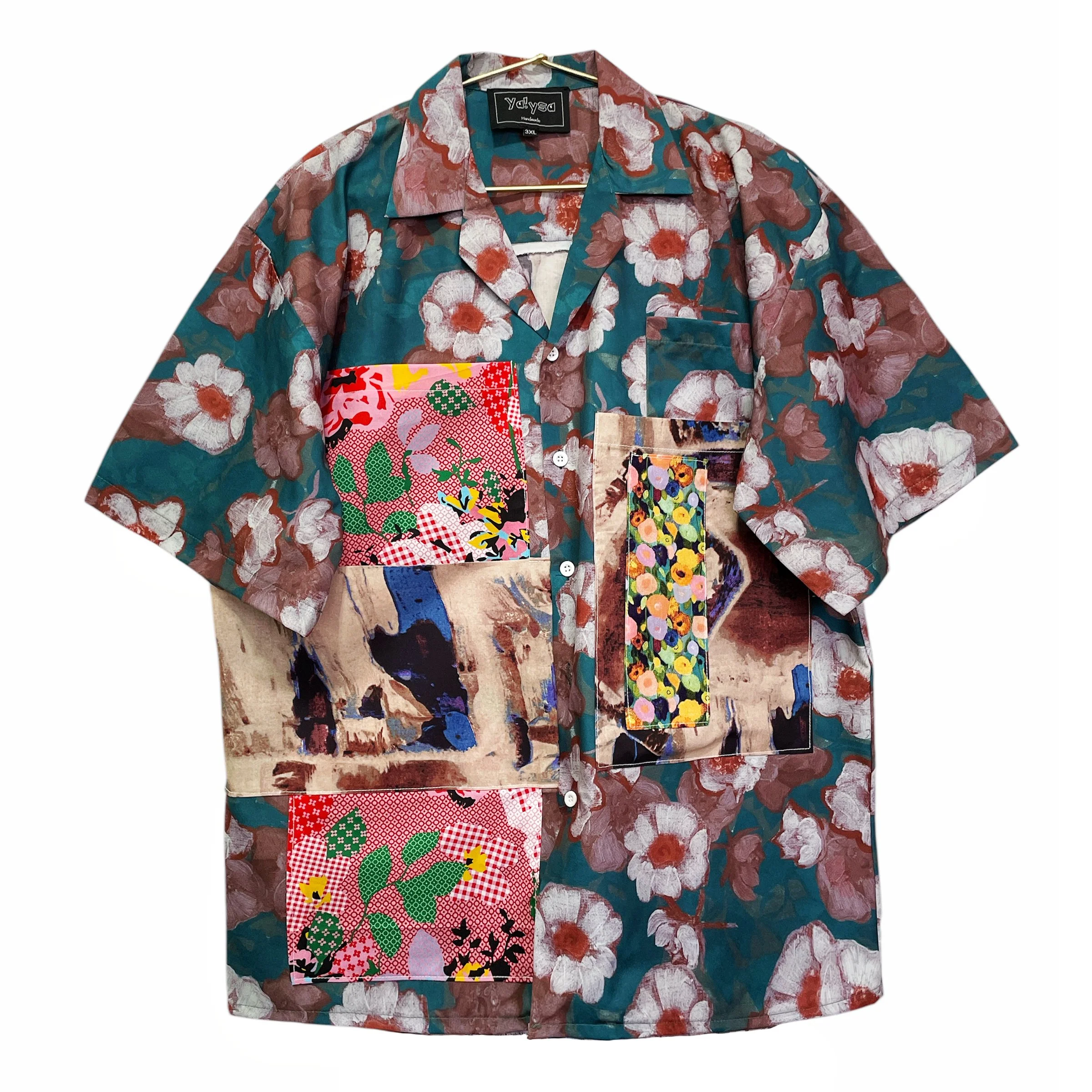 Handmade Short Sleeves Blue-Green Shirt