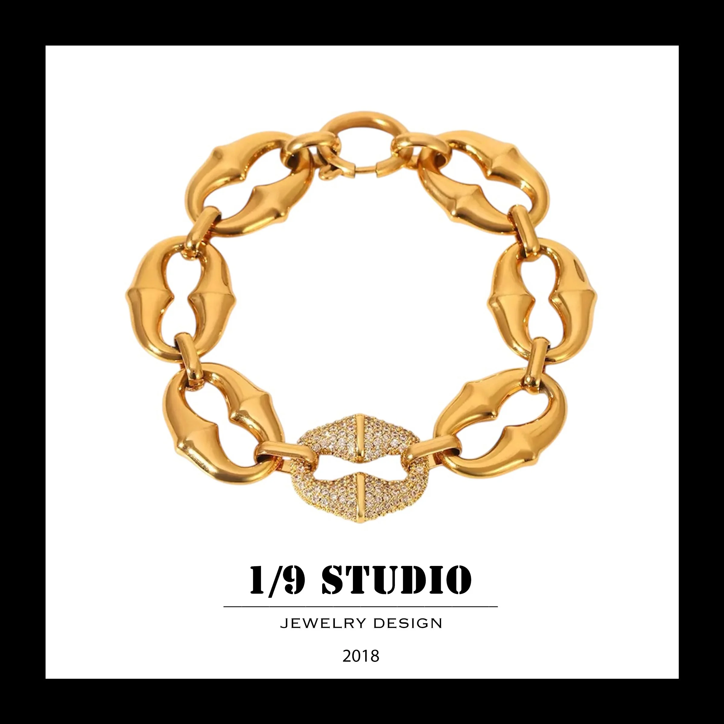 Bold Sculpted Link with Pavé Clasp 18K Gold Filled Stainless Steel Adjustable Bracelets