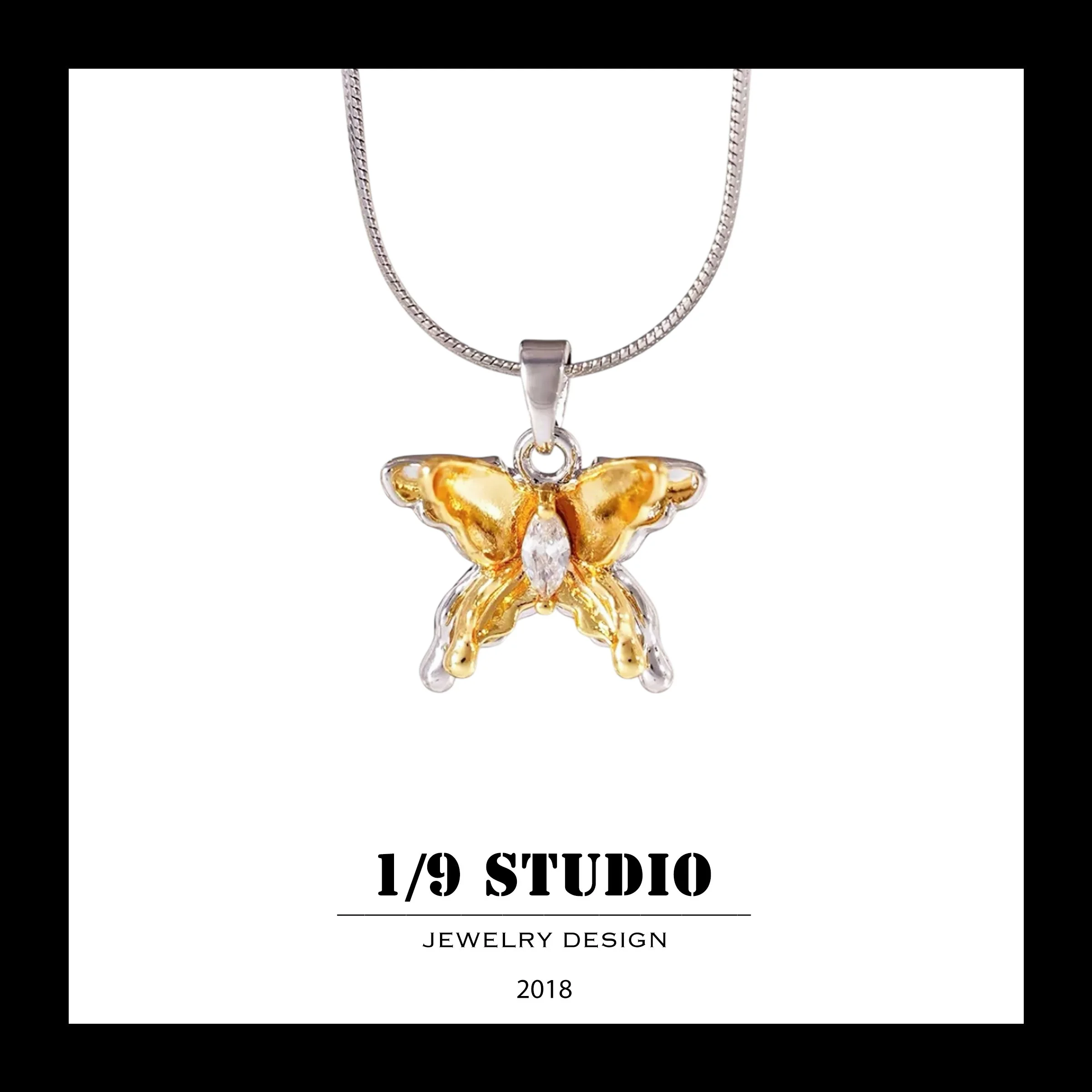 Dual-Tone Crystal Butterfly Pendant 18K Gold Filled Stainless Steel Adjustable Necklace