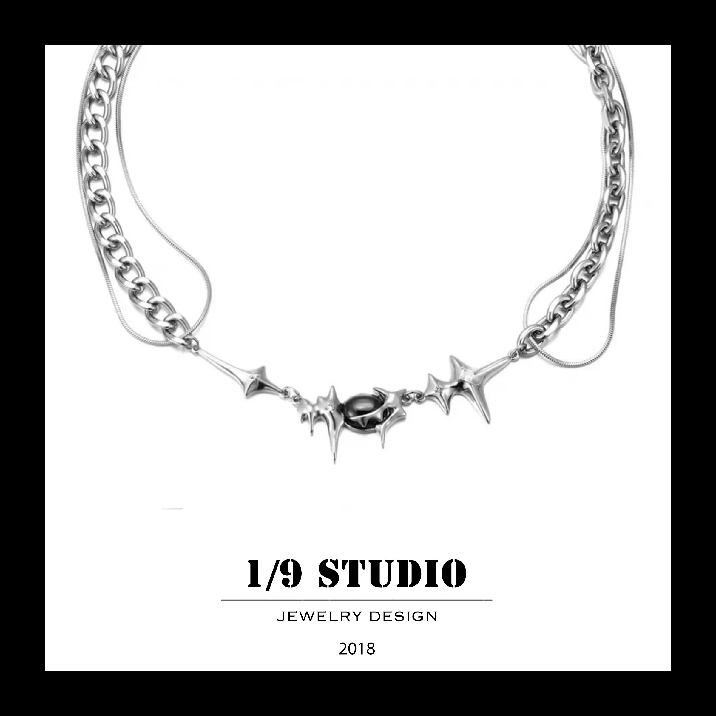 Dual-Chain Spiked Core 18K White Gold Filled Stainless Steel Silver Adjustable Necklace