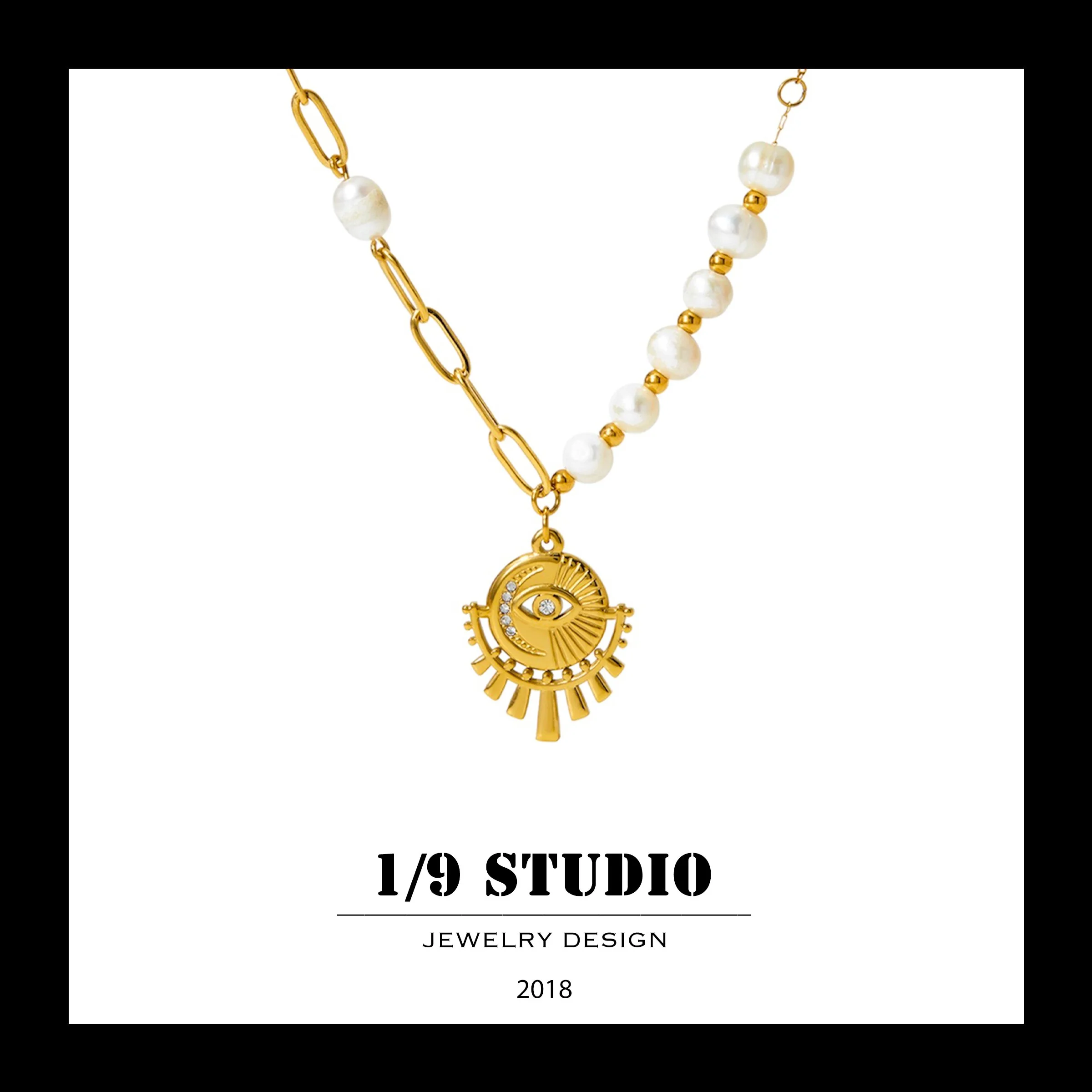 Golden Pearl Evil Eye Talisman 18K Gold Filled Stainless Steel Adjustable Necklace