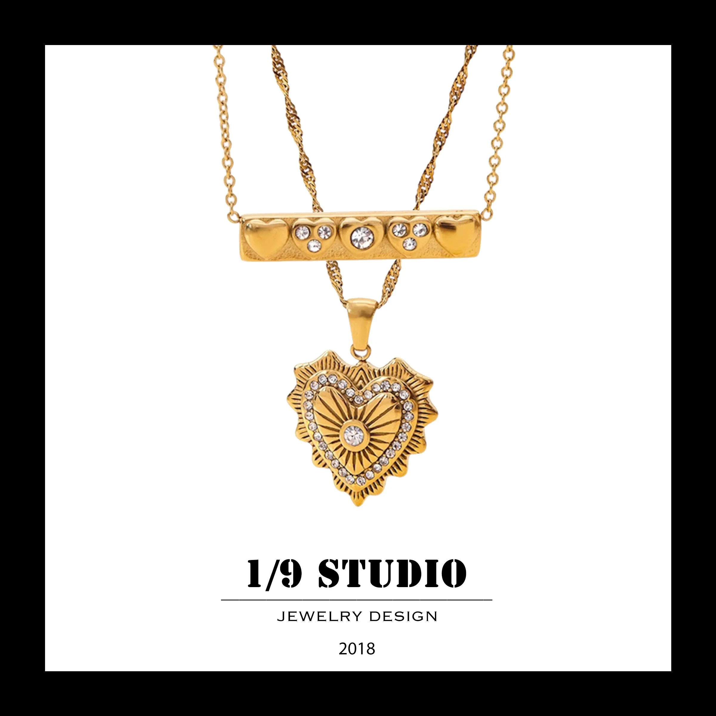Double Layer Heart Charm Pendant 18K Gold Filled Stainless Steel Adjustable Necklace