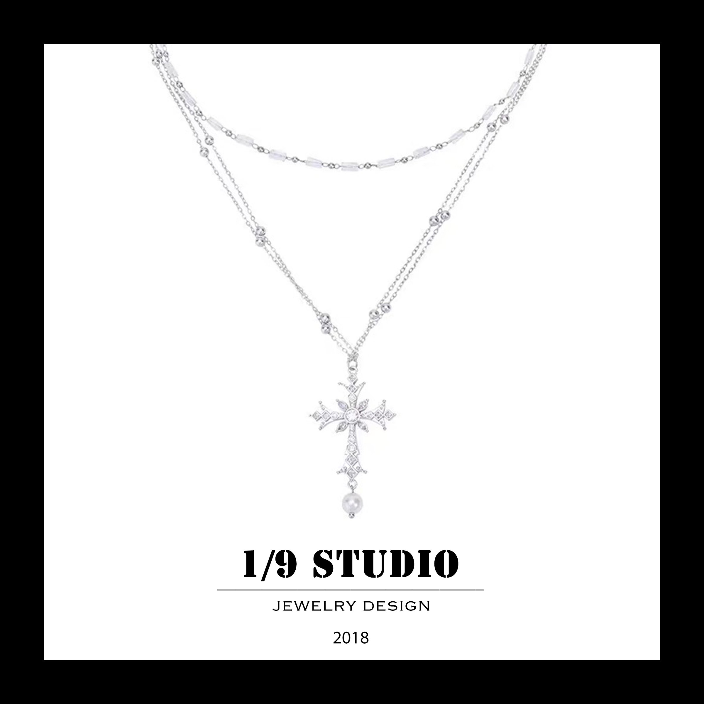 Ethereal Crystal Cross Layered 18K White Gold Filled Brass Silver Adjustable Necklace
