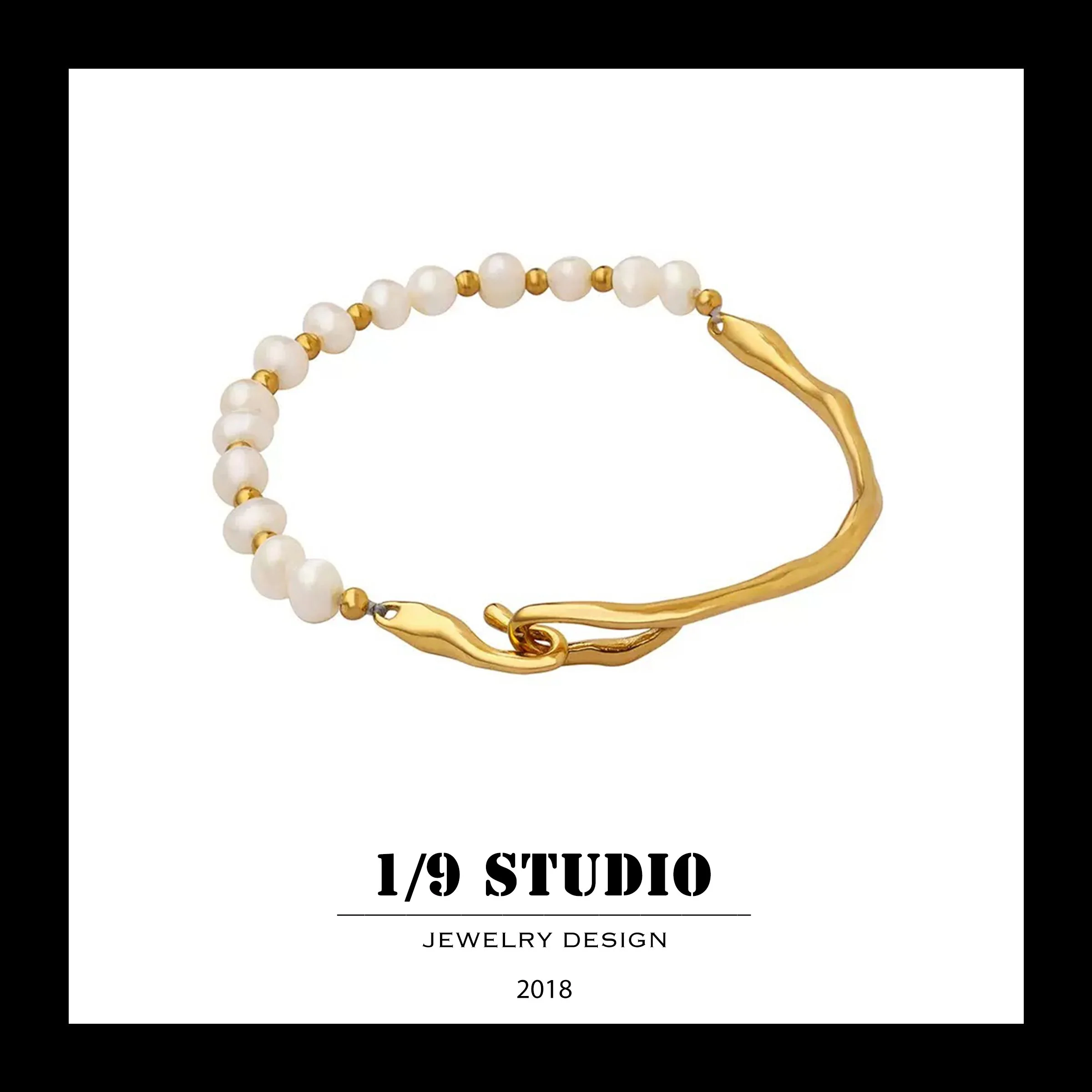 Organic Pearl & Gold Wavy Link 18K Gold Filled Stainless Steel Adjustable Bracelets