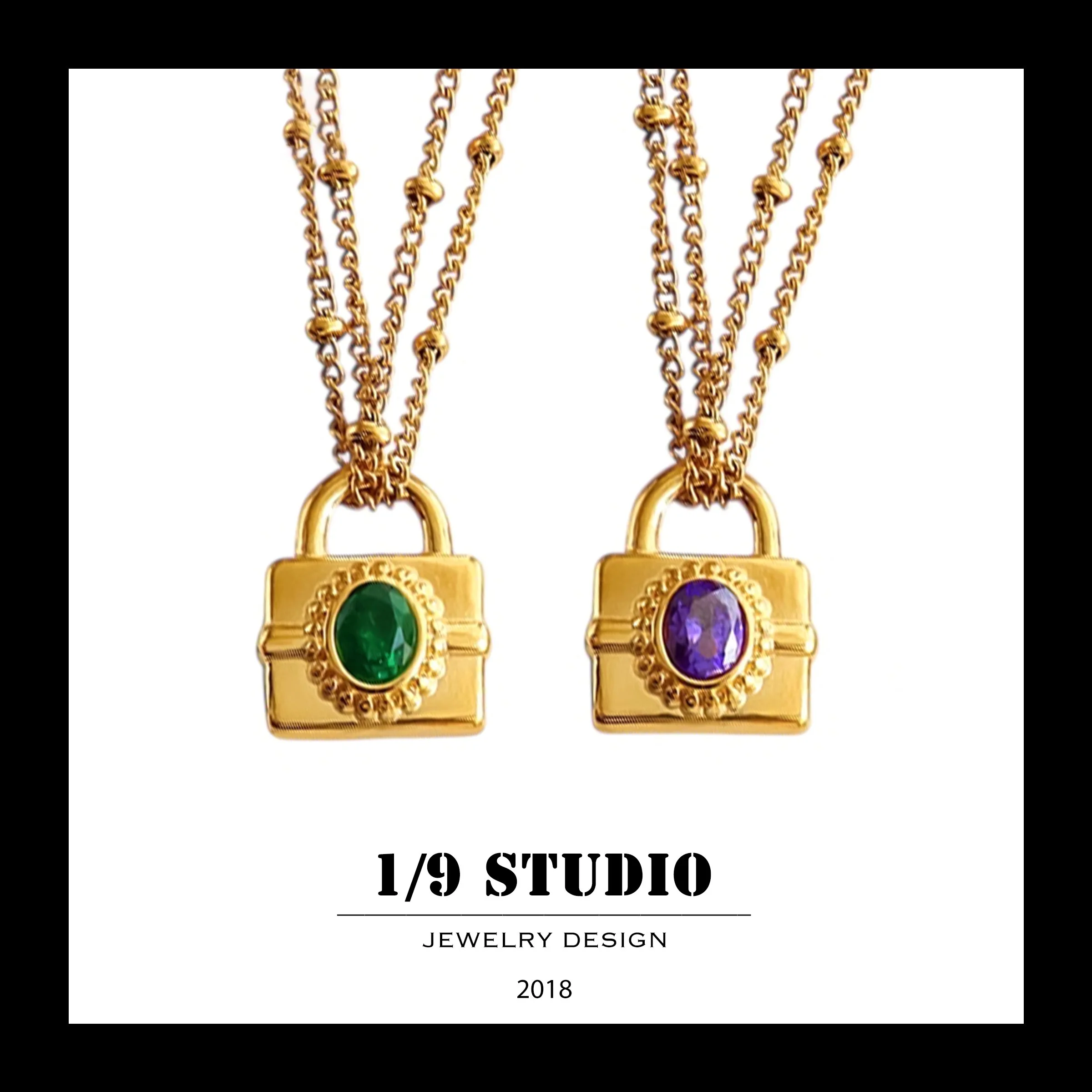 Gemstone Lock Pendant Emerald / Amethyst 18K Gold Filled Stainless Steel Adjustable Necklace