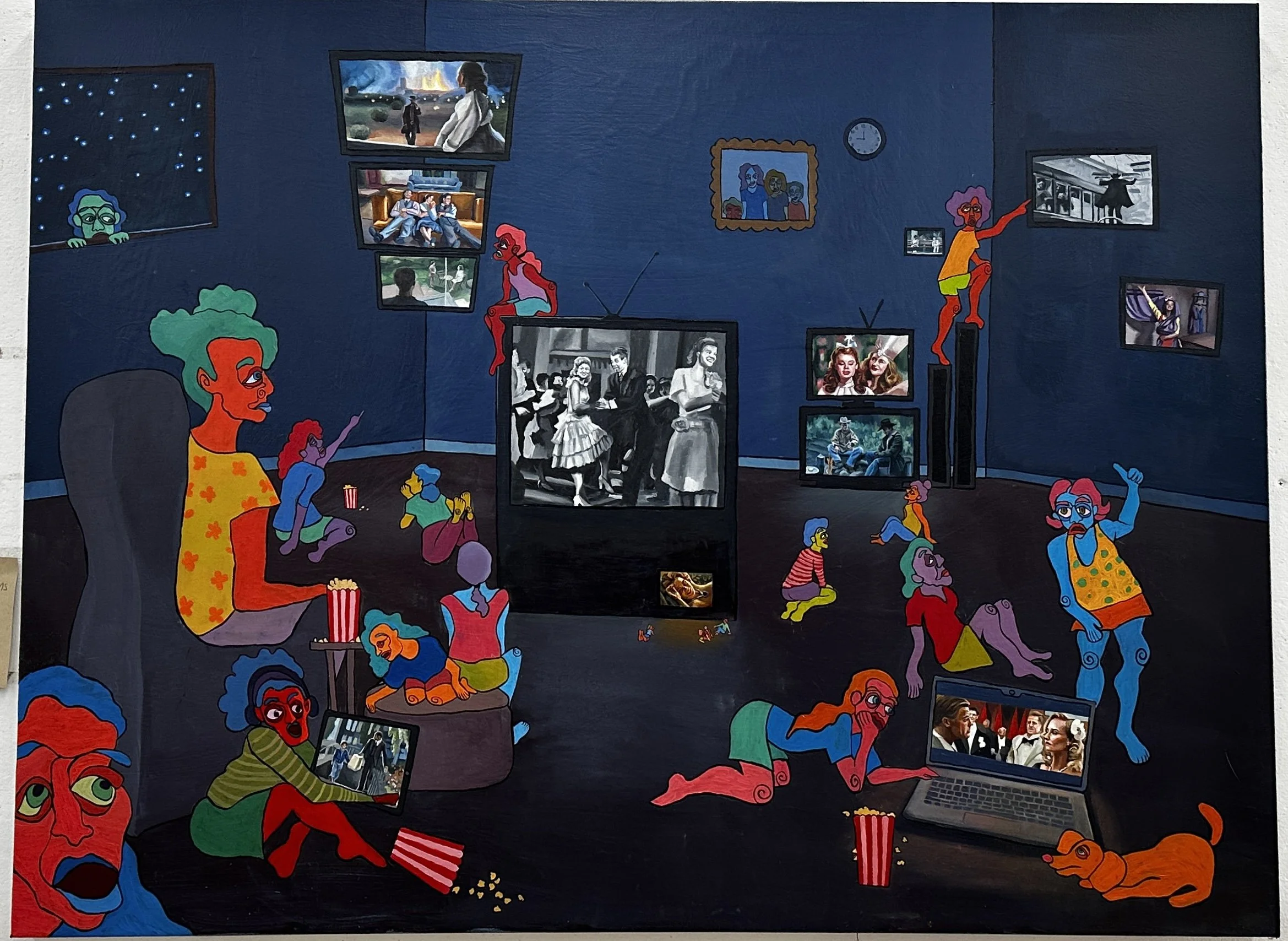 "Cartoons Watch Humans for the First Time in the New Home Theater" 36x48" oil on canvas, 2026