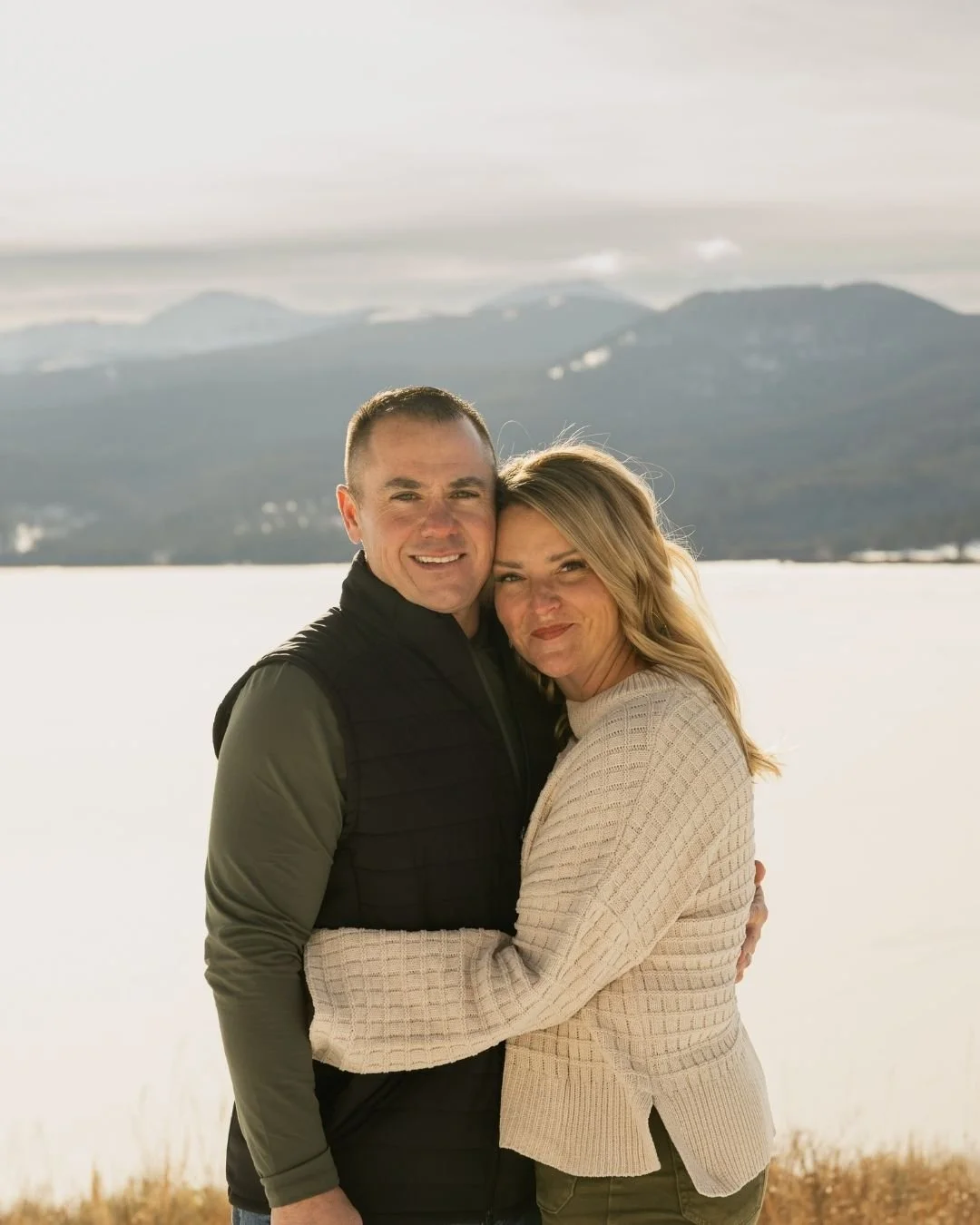 Couple photo in the winter at Hebgen Lake in West Yellowstone, Montana