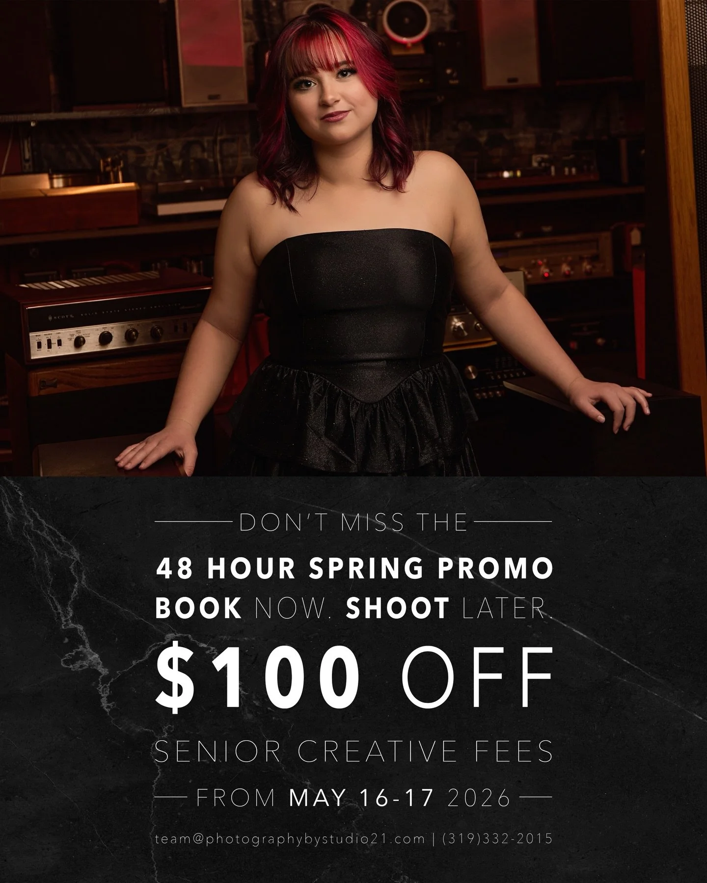 CLASS OF 2027. It&rsquo;s time ⏰

Mark your calendars for May 16&ndash;17.

Save $100 on your senior session when you book during the promo.

Book your session at the bottom of the senior investment page or text SENIOR27 to (319) 332-2015.

⭐ Senior 
